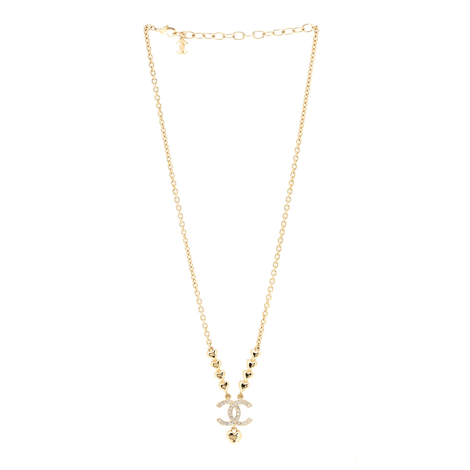 Chanel Crystal CC Heart Link Pendant Necklace Gold 3 of 7