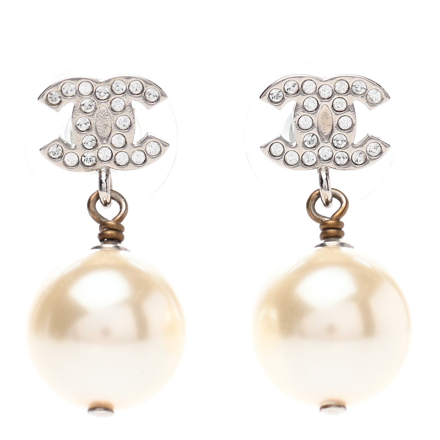 Crystal Pearl CC Drop Earrings Silver