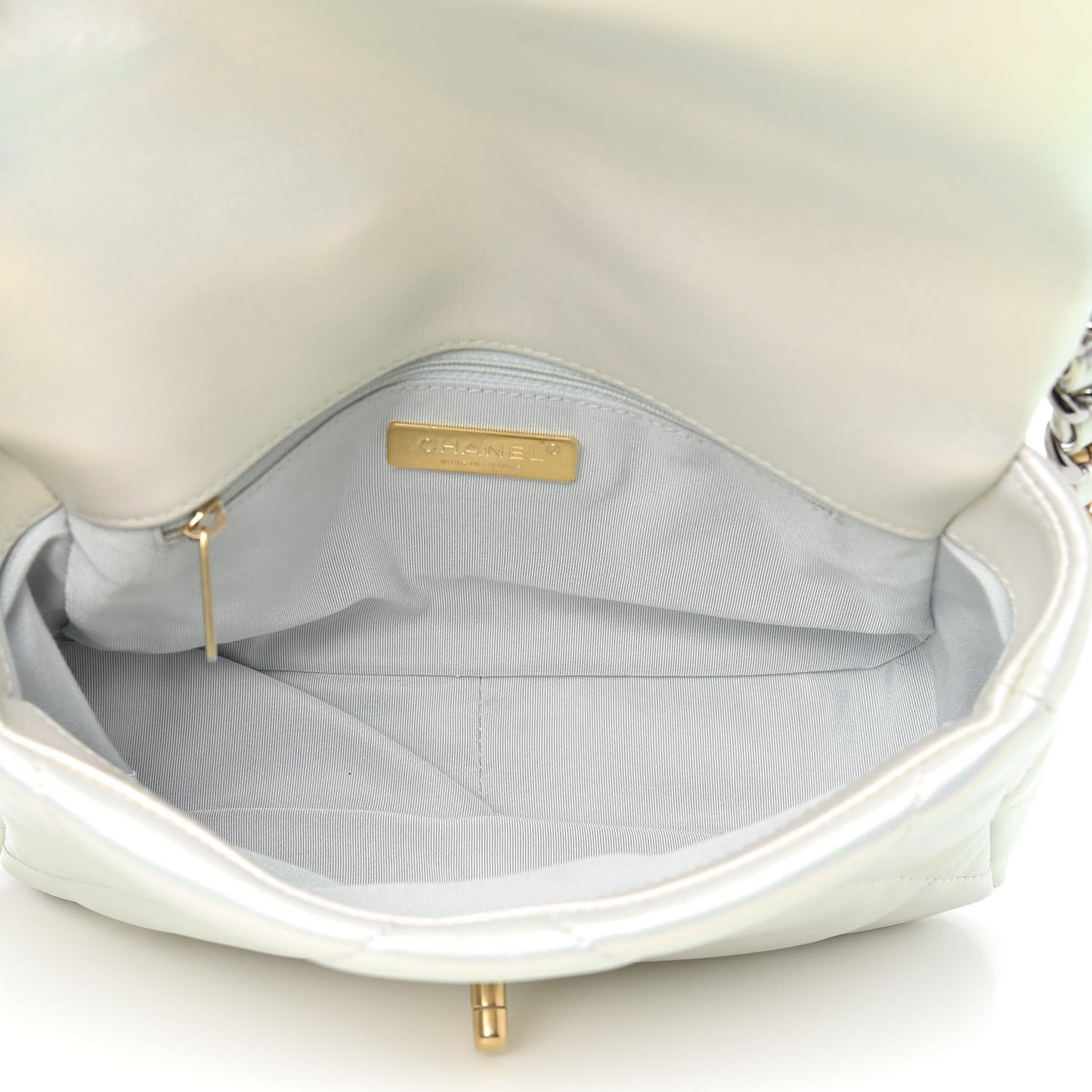 Iridescent Calfskin Quilted Medium Chanel 19 Flap White
