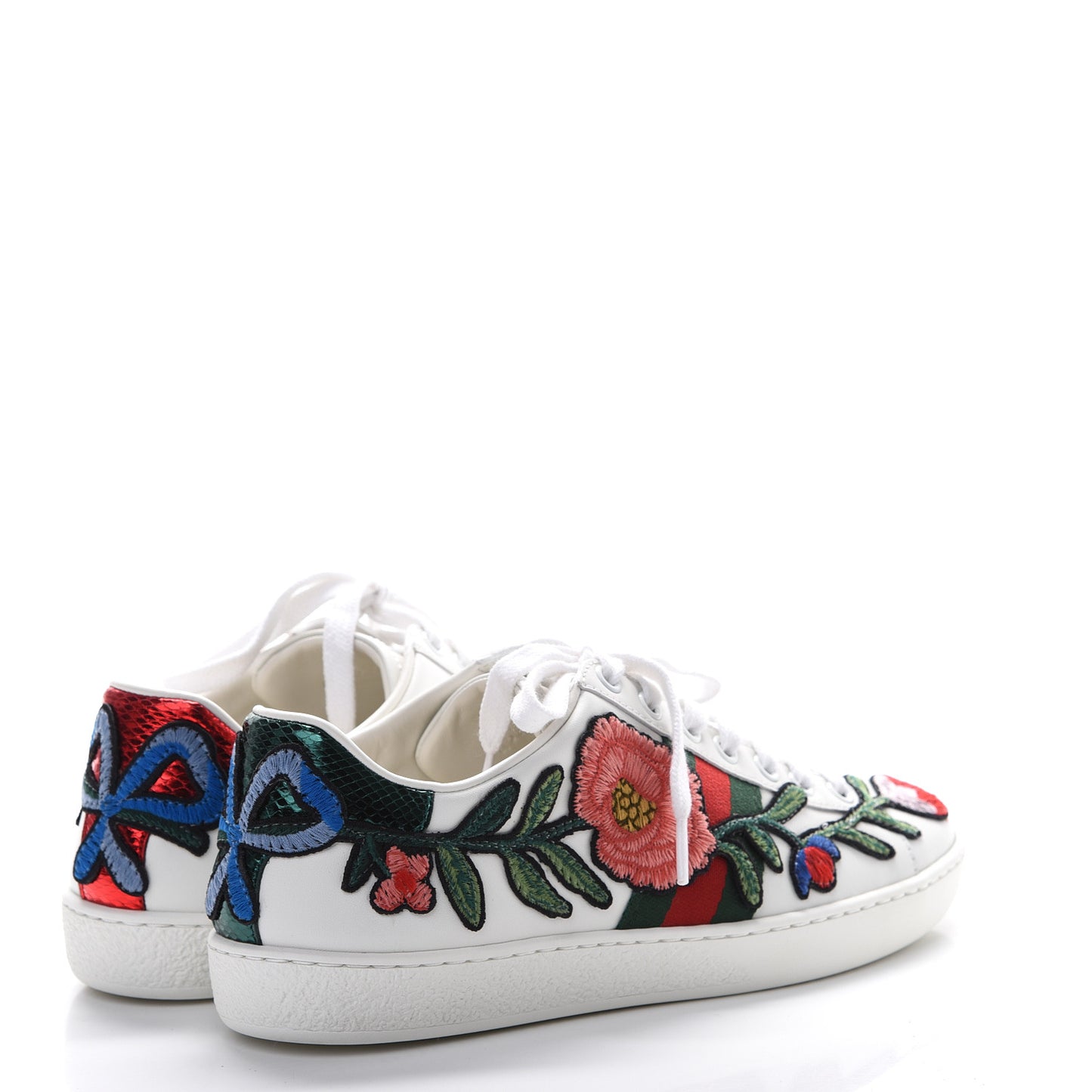 Calfskin Web Floral Embroidered Womens Ace Sneakers 35.5 White
