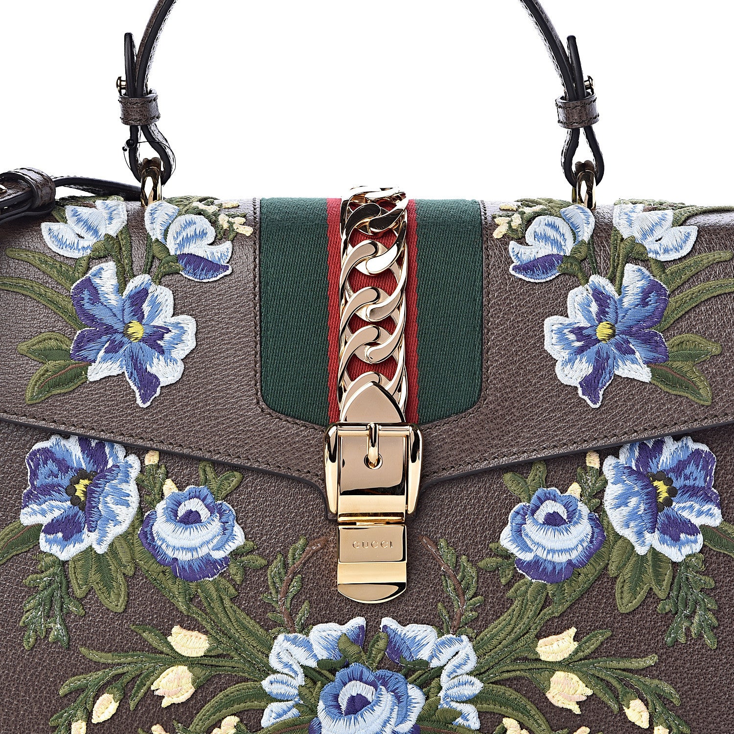 Gucci Calfskin Embroidered Medium Sylvie Top Handle Bag New Acero Multicolor 8 of 10