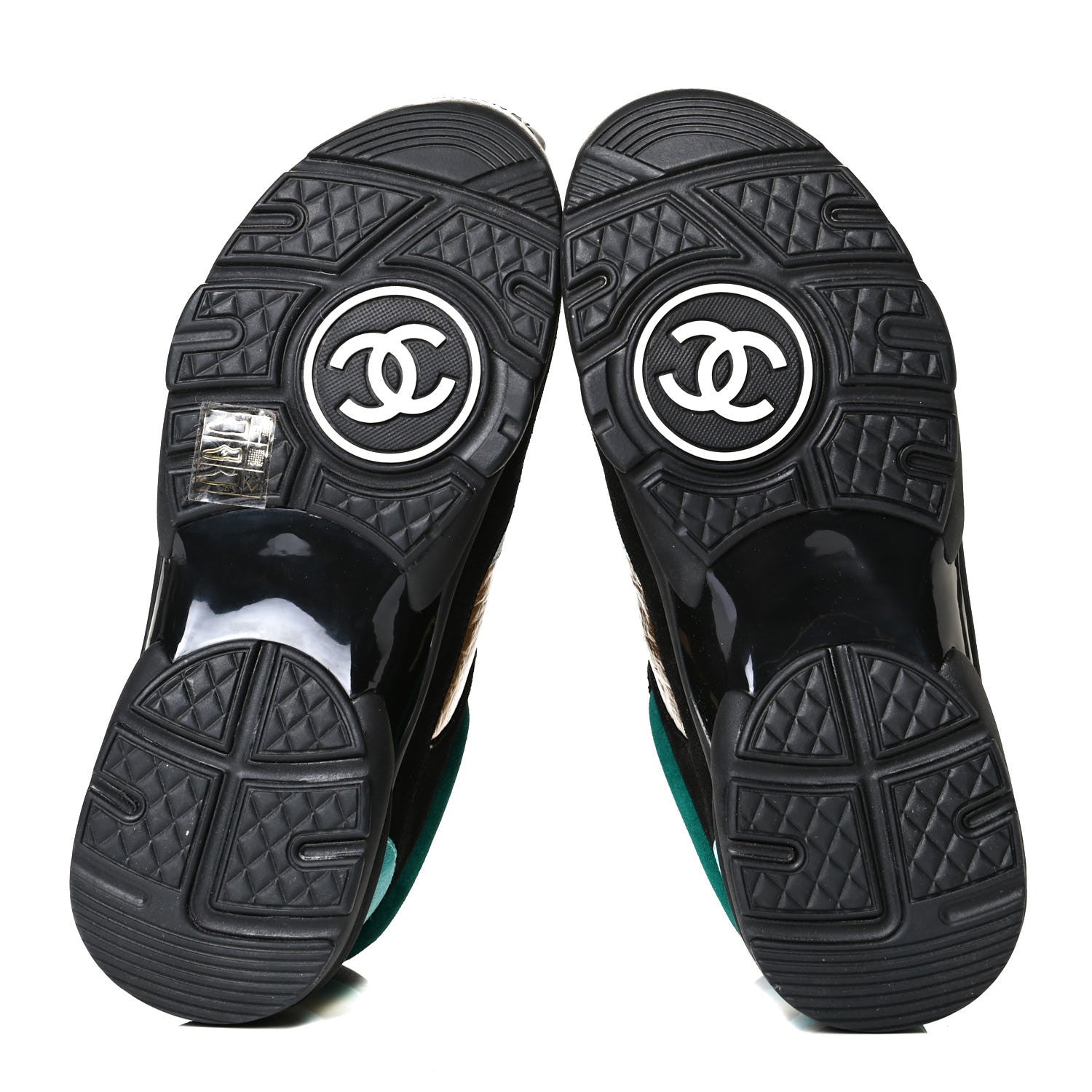 Chanel Suede Calfskin Fabric CC High Top Sneakers 36 Black Turquoise Gold 4 of 5