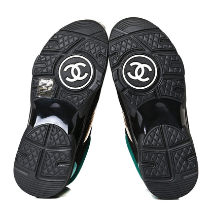 Chanel Suede Calfskin Fabric CC High Top Sneakers 36 Black Turquoise Gold 4 of 5