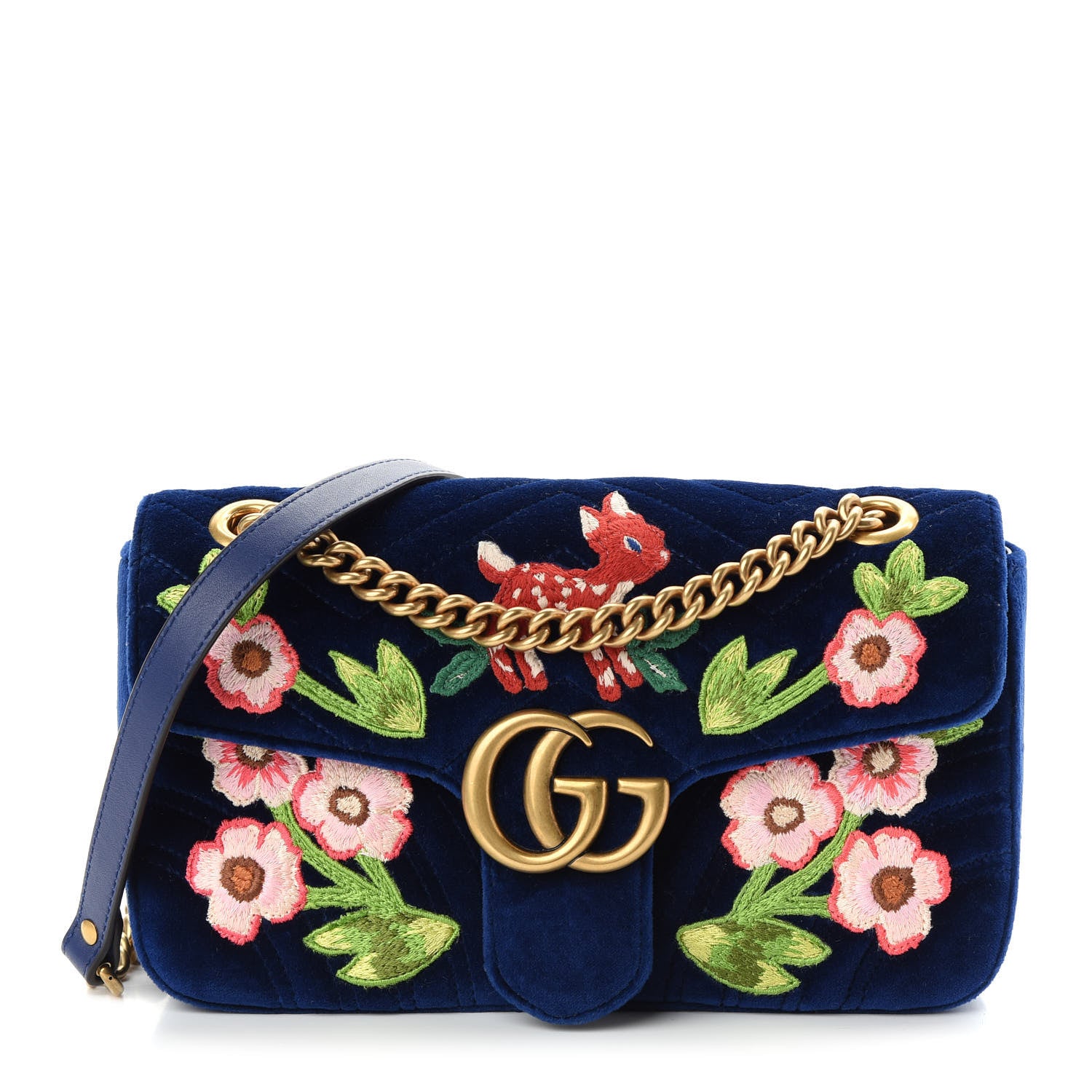 Gucci Velvet Matelasse Deer Embroidered Small GG Marmont Shoulder Bag Cobalt 1 of 9