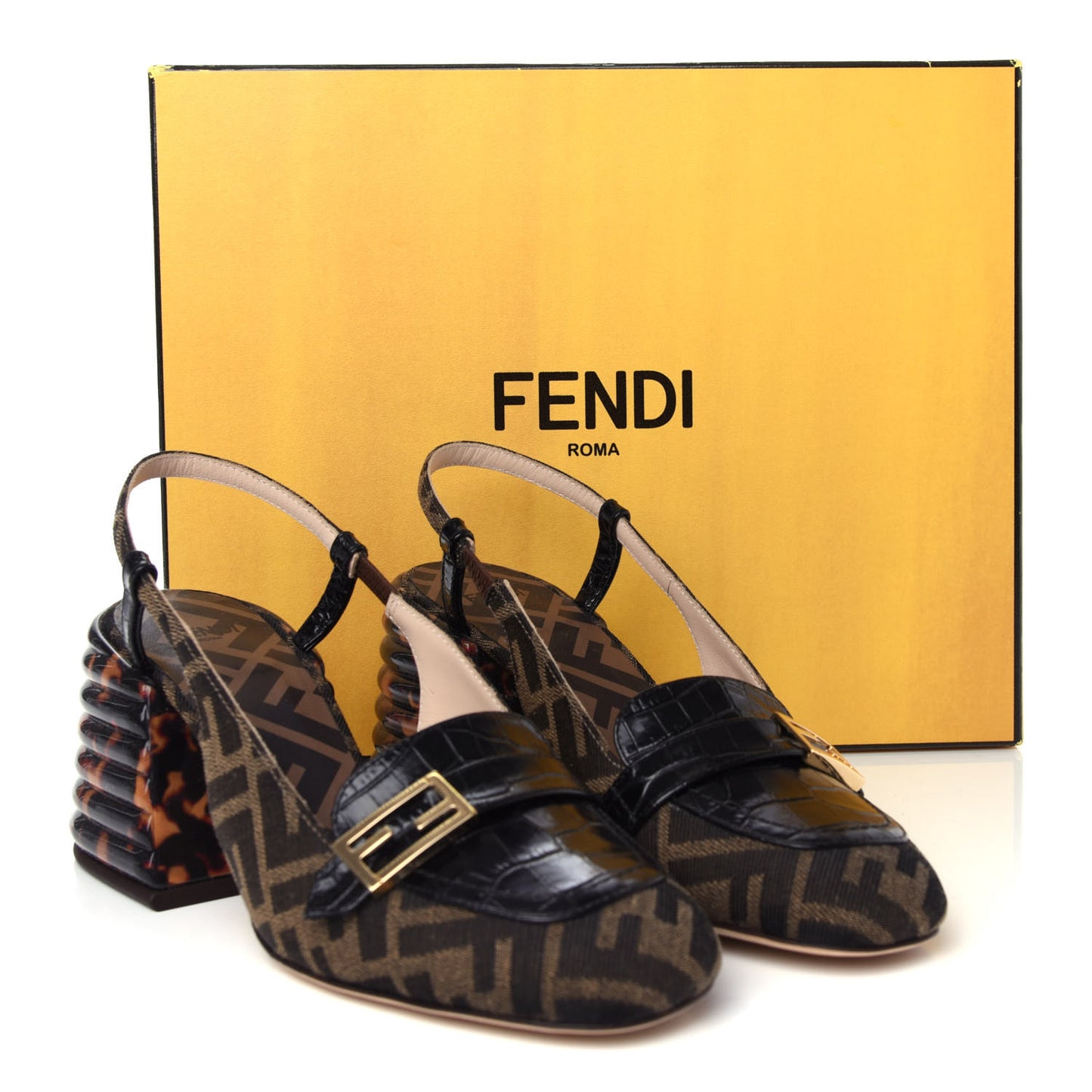 Jacquard Calfskin FF Tortoise Promenade Slingback Loafer Pumps 37 Tobacco