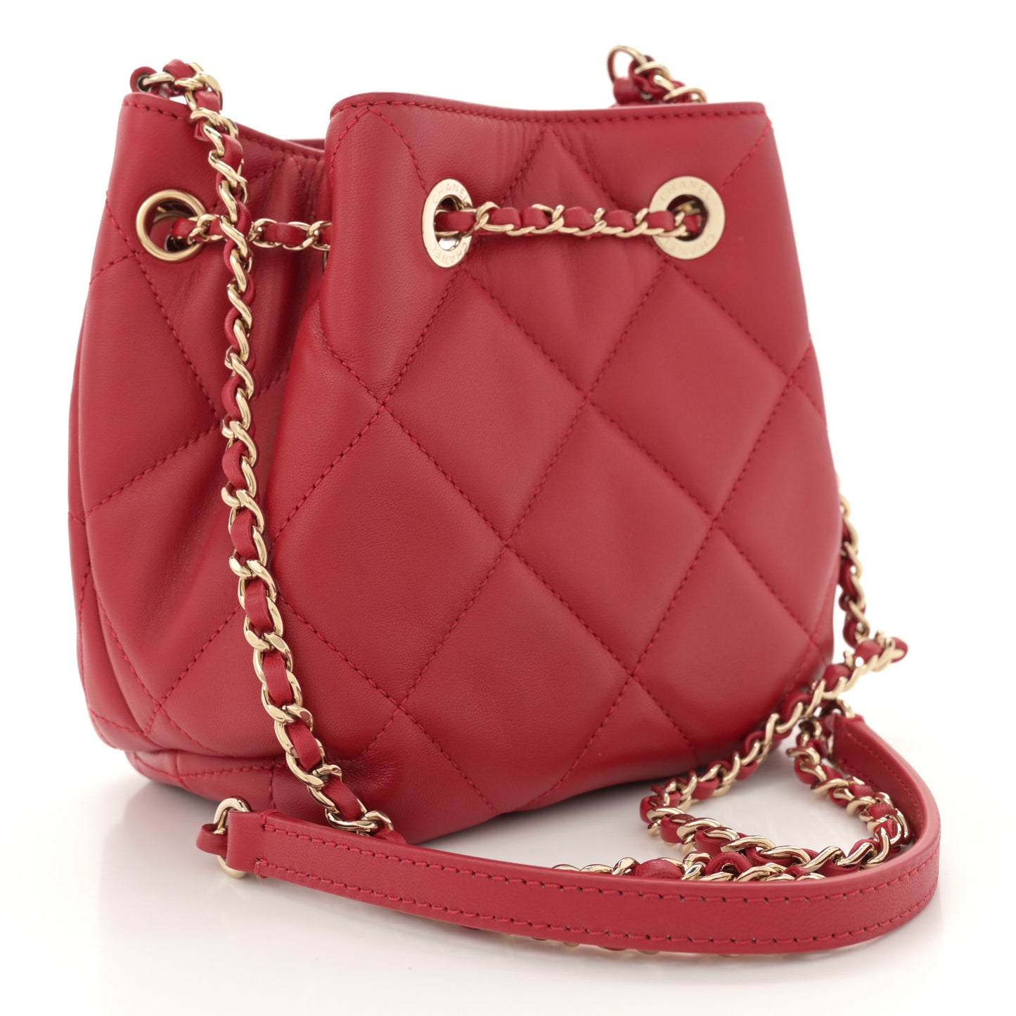 Lambskin Quilted CC Dweller Drawstring Bucket Bag Red
