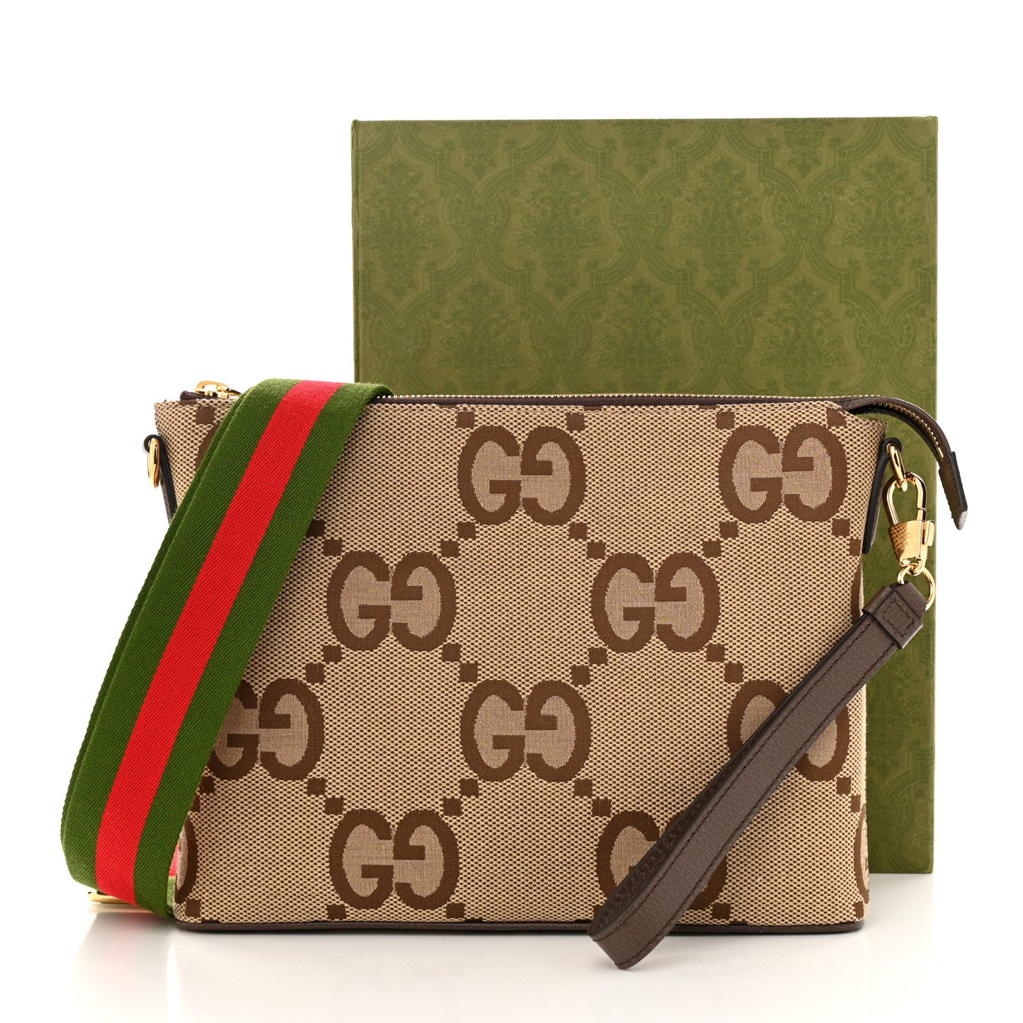 Monogram Jumbo GG Textured Dollar Calfskin Web Wristlet Messenger Bag Camel Ebony New Acero