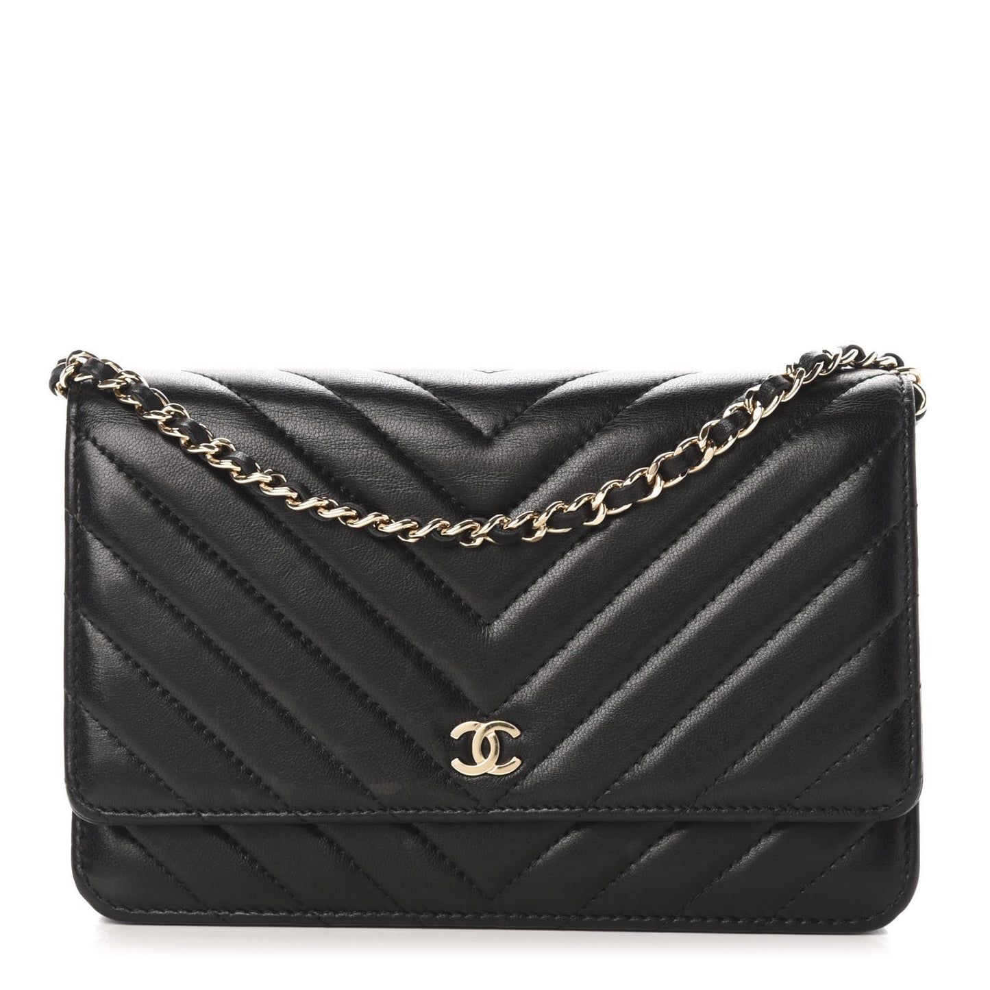 Lambskin Chevron Quilted Wallet On Chain WOC Black