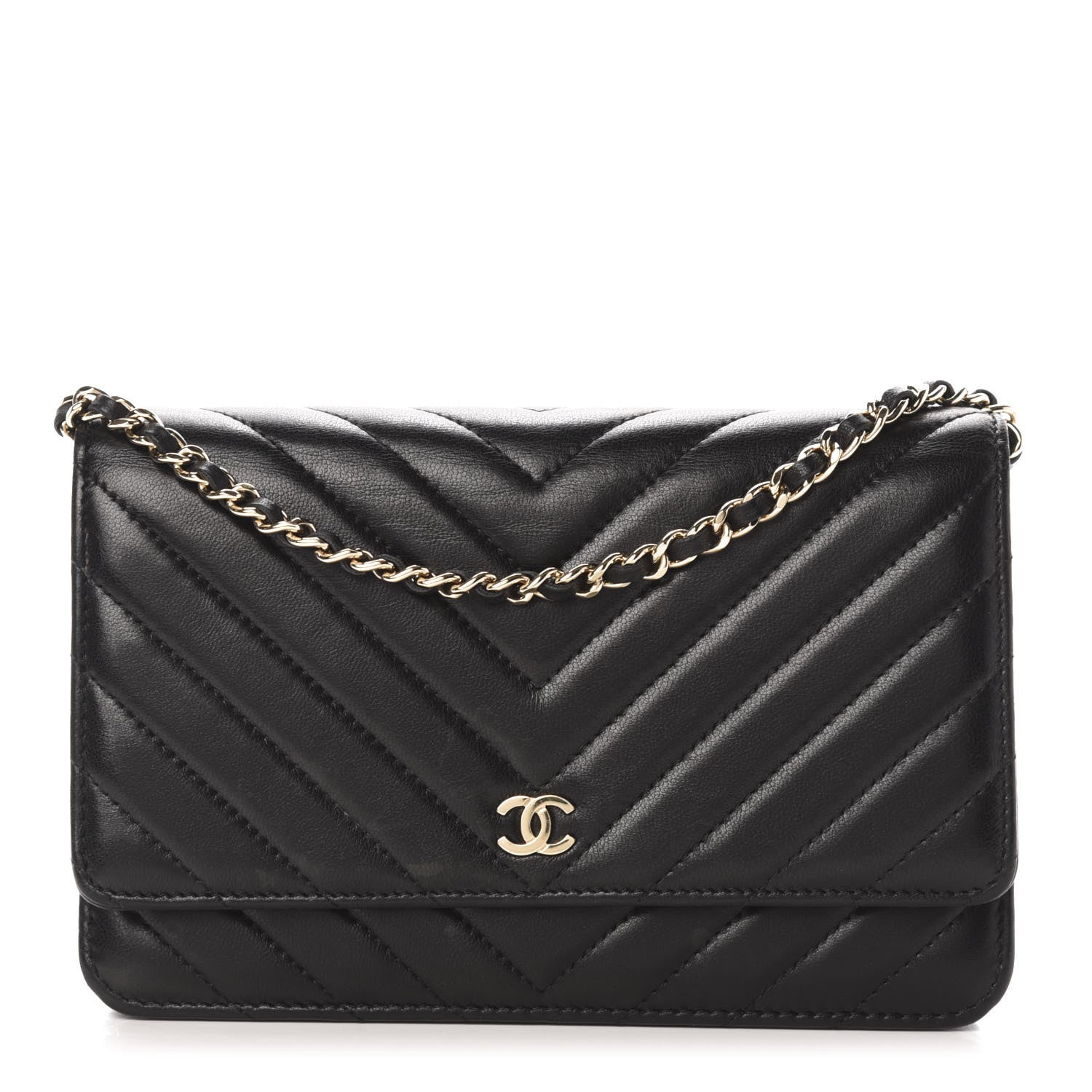 Chanel Lambskin Chevron Quilted Wallet On Chain WOC Black 1 of 13