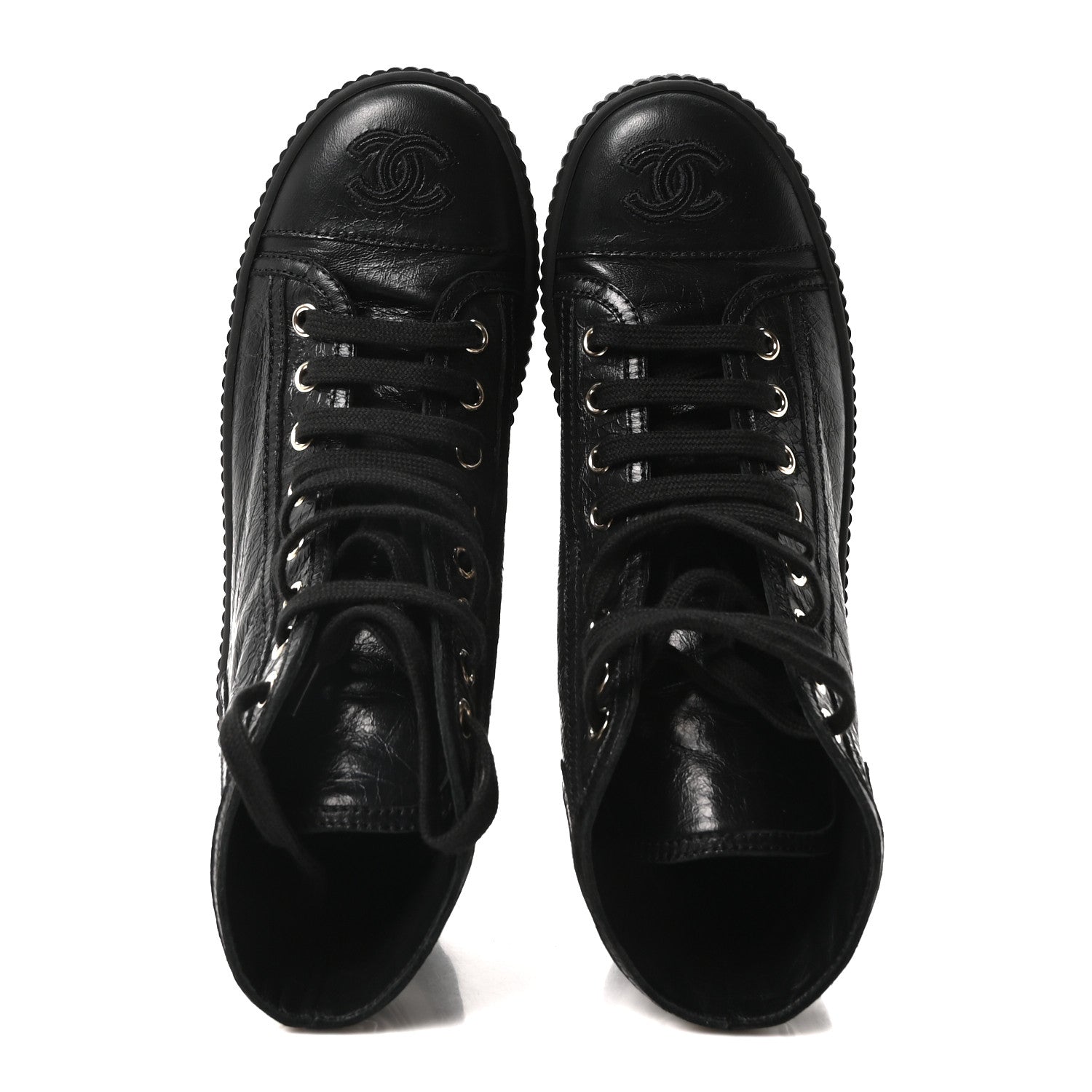 Chanel Aged Calfskin Lace Up Cap Toe Sneakers 36 Black White