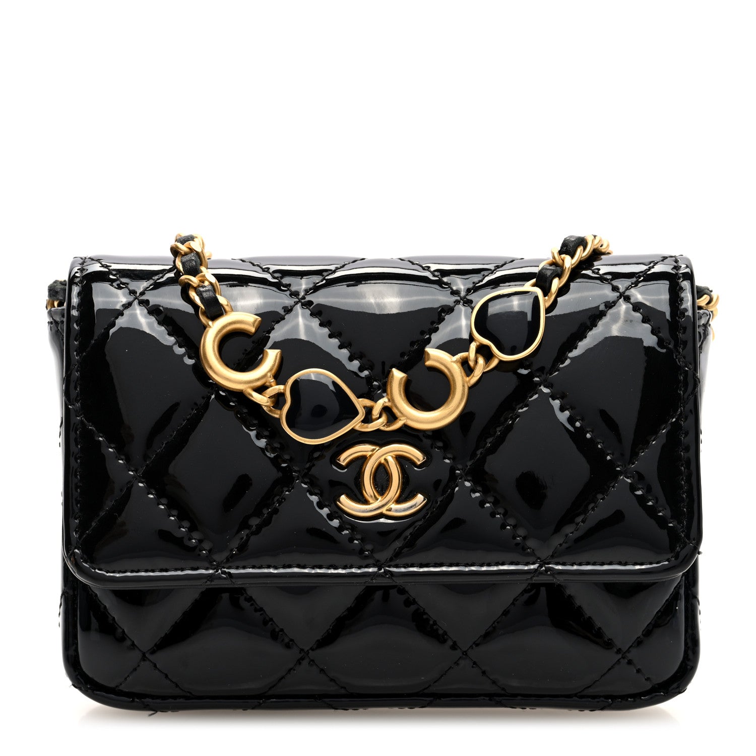 Chanel Patent Enamel Quilted Coco Hearts Clutch With Chain Black 1 of 11