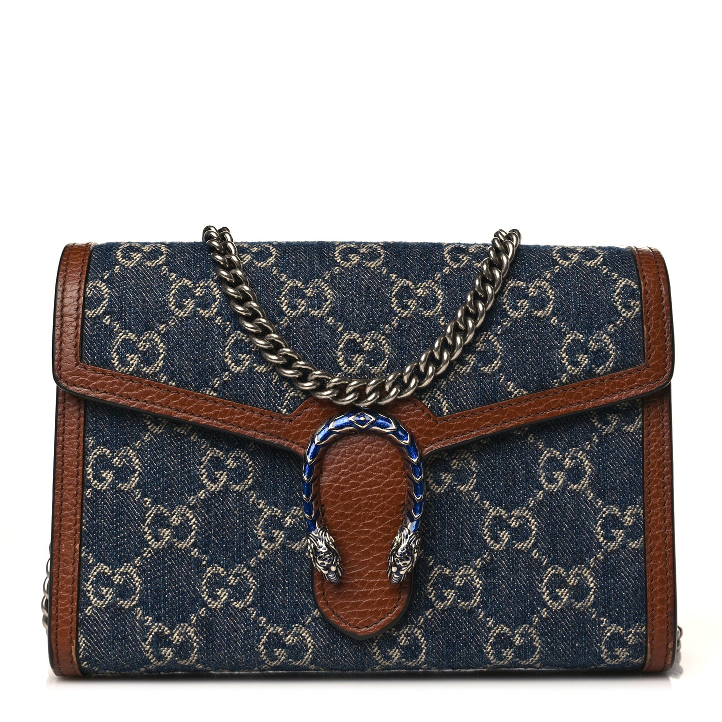 New Denim GG Monogram Dollar Calfskin Enamel Mini Dionysus Chain Wallet Blue Tea Cuir Epilog Electric Blue