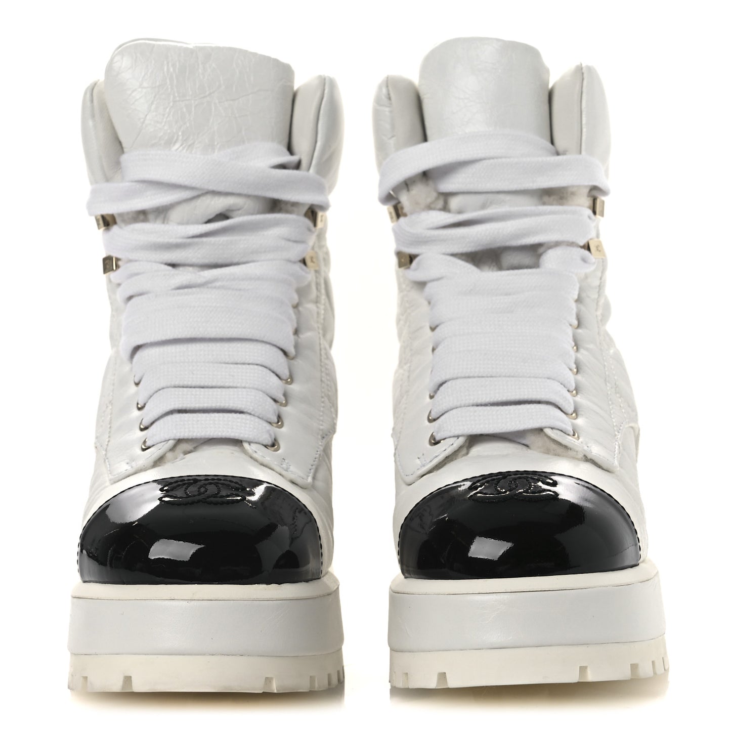 Crumpled Patent Lambskin Calfskin Quilted Lace Up Combat Boots 37 White Black