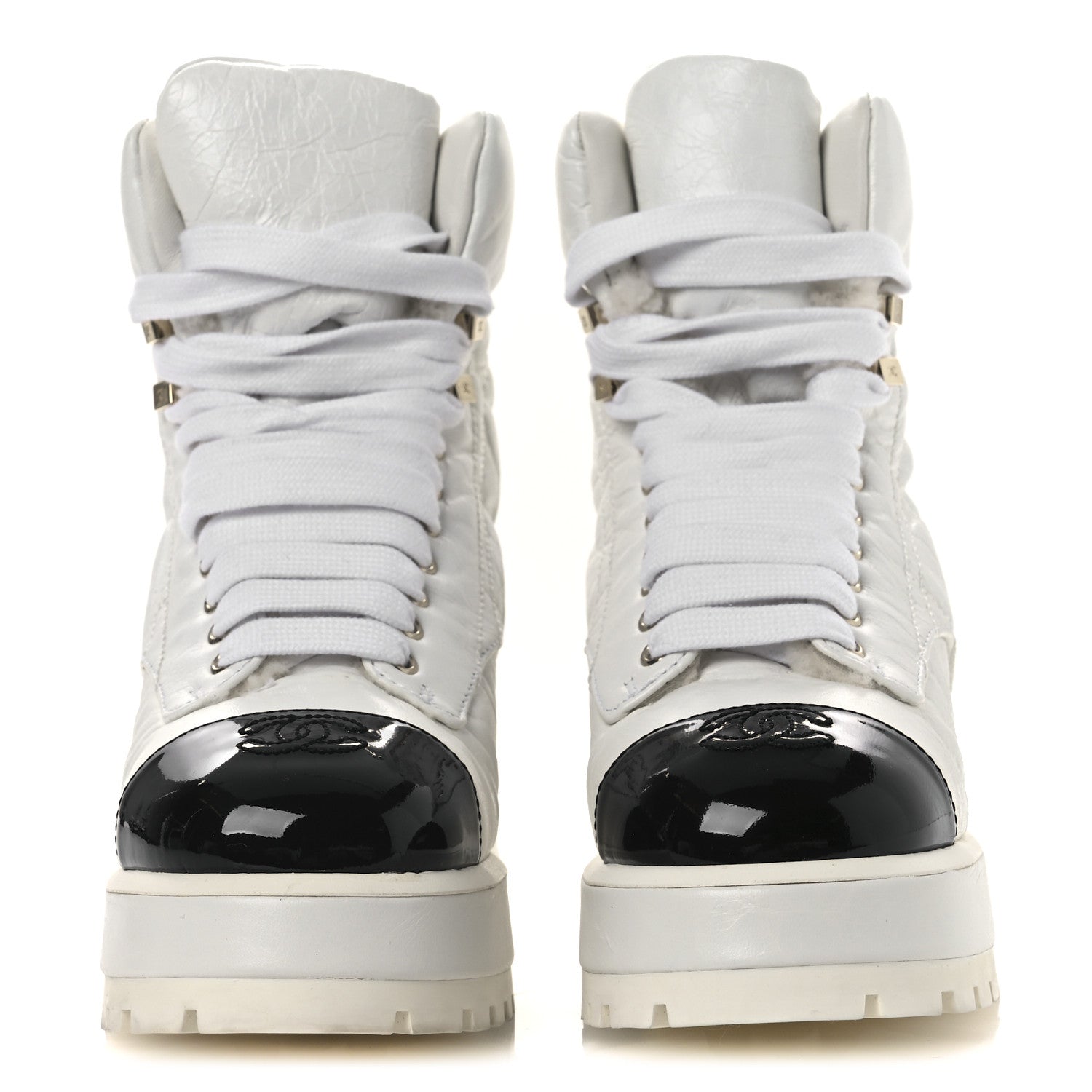 Chanel Crumpled Patent Lambskin Calfskin Quilted Lace Up Combat Boots 37 White Black 3 of 10