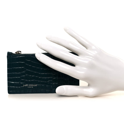 Saint Laurent Calfskin Crocodile Embossed 5 Fragments Zip Pouch Card Holder Dark Turquoise 2 of 9