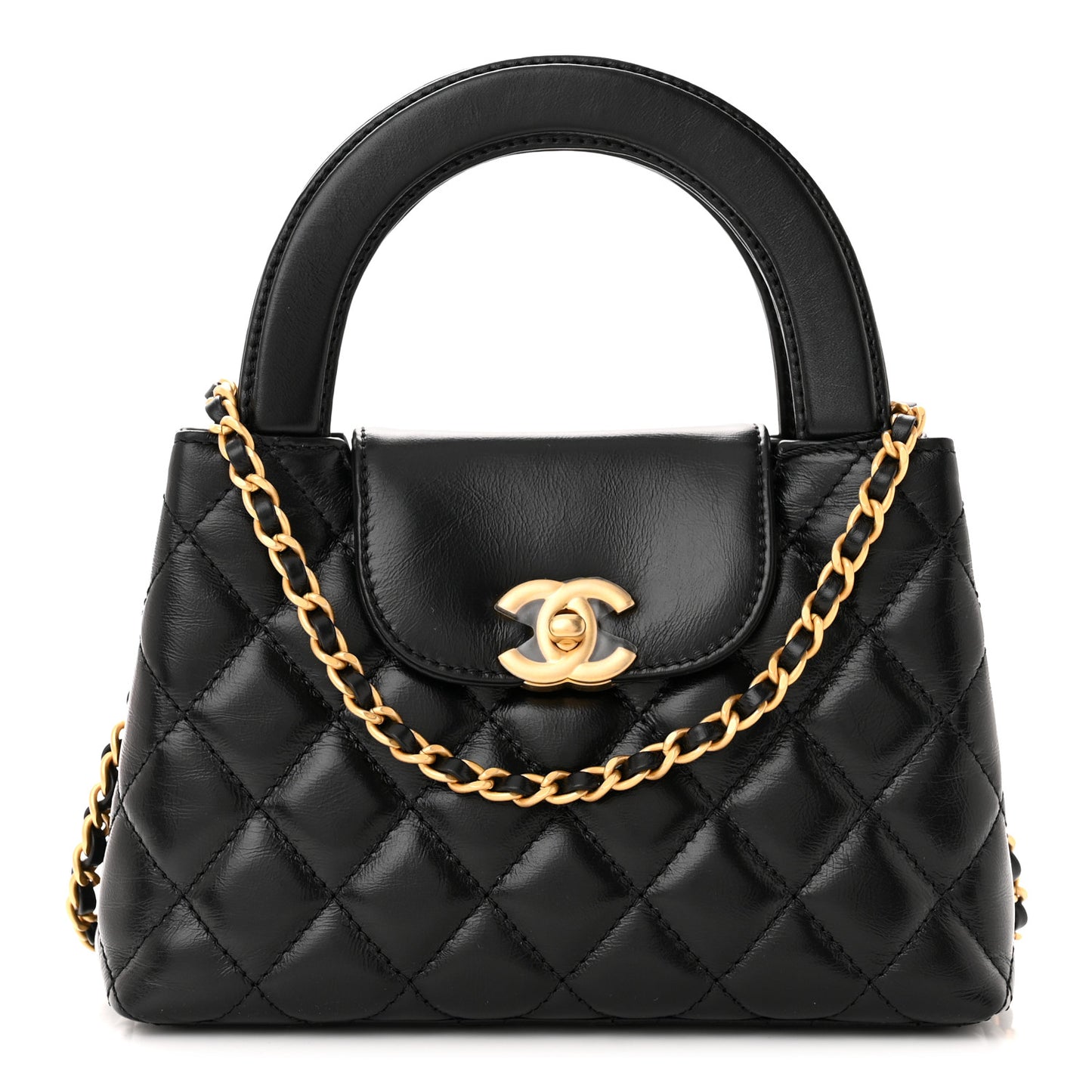 Shiny Aged Calfskin Quilted Nano Kelly Shopper Black