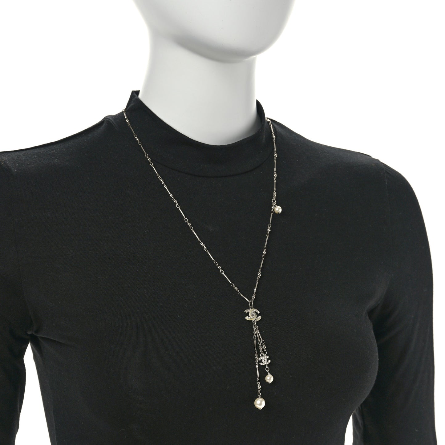 Crystal Pearl CC Beaded Long Necklace Silver