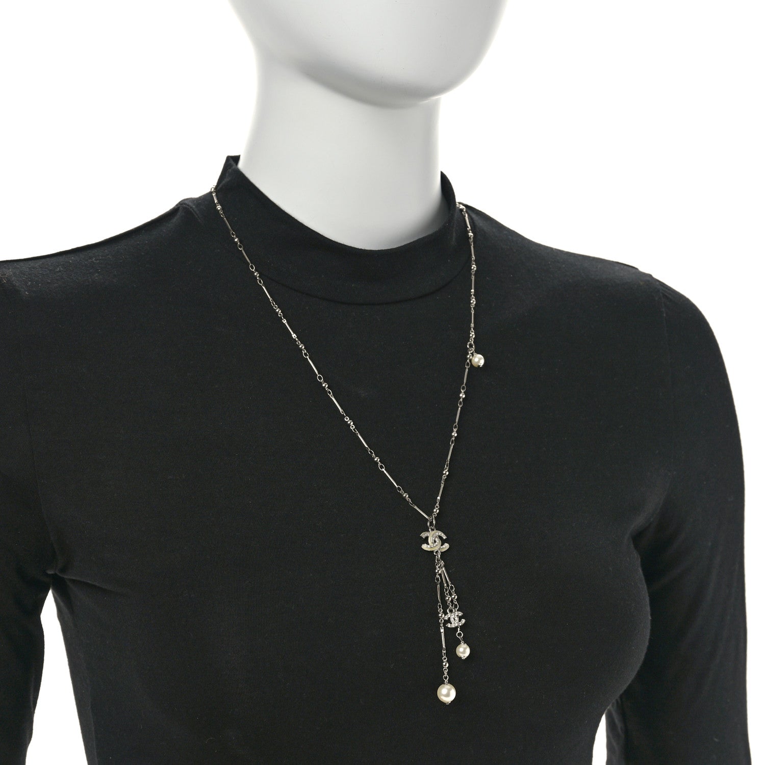 Chanel Crystal Pearl CC Beaded Long Necklace Silver 2 of 5