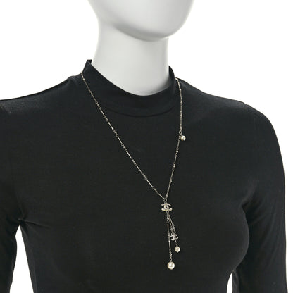 Chanel Crystal Pearl CC Beaded Long Necklace Silver 2 of 5
