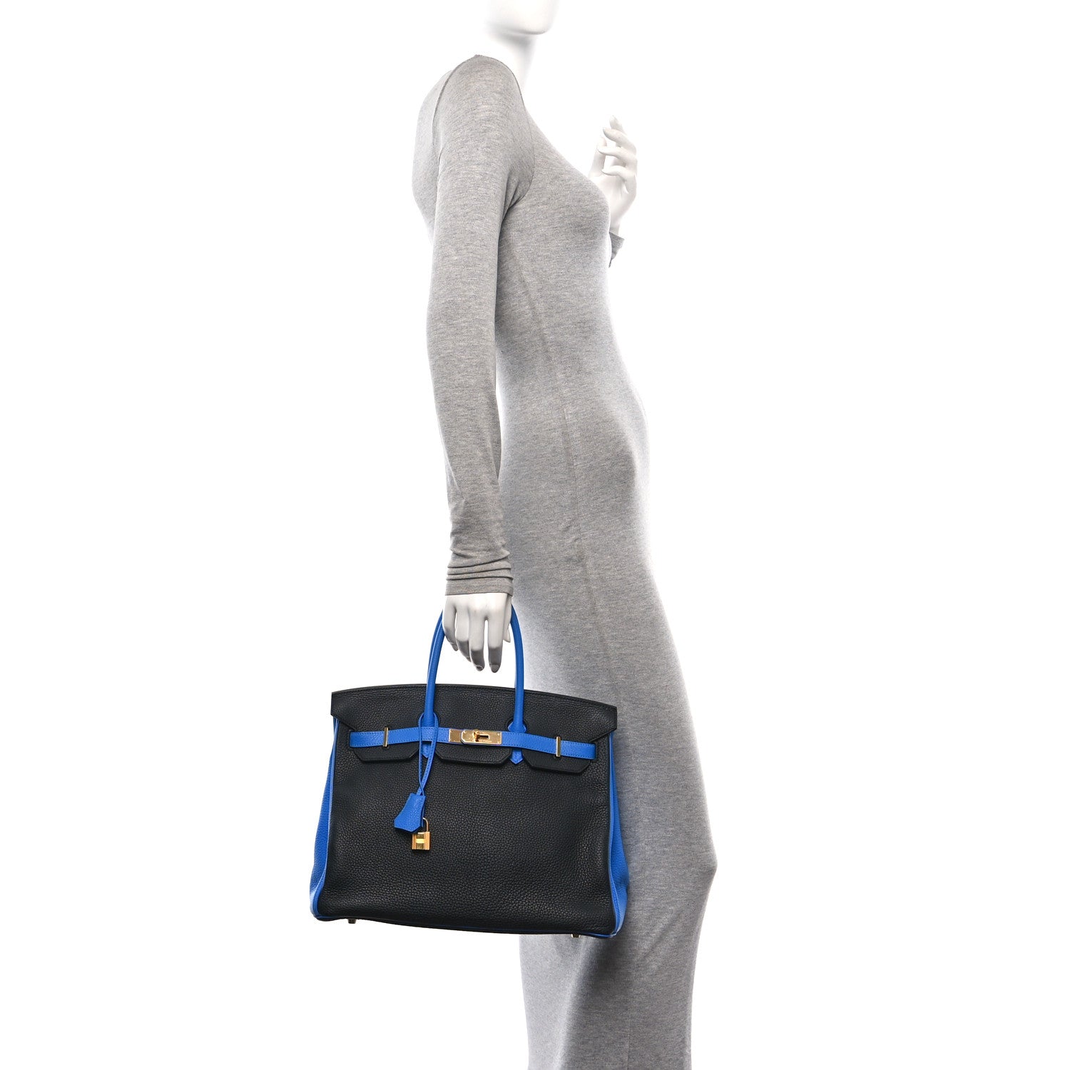 Hermes Taurillon Clemence Bi-Color Horseshoe Birkin 35 Black Bleu Hydra 2 of 10