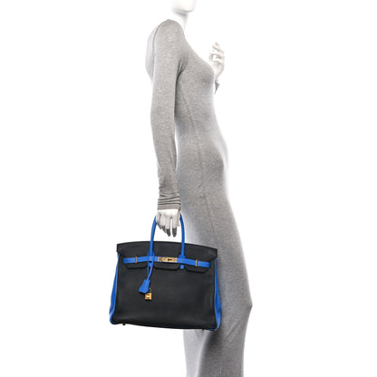 Hermes Taurillon Clemence Bi-Color Horseshoe Birkin 35 Black Bleu Hydra 2 of 10