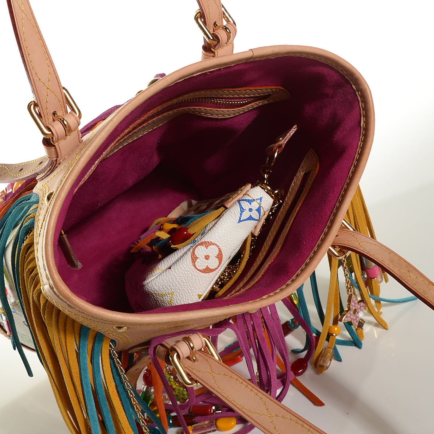 Monogram Multicolor Fringe Bucket with Accessories Pouch White