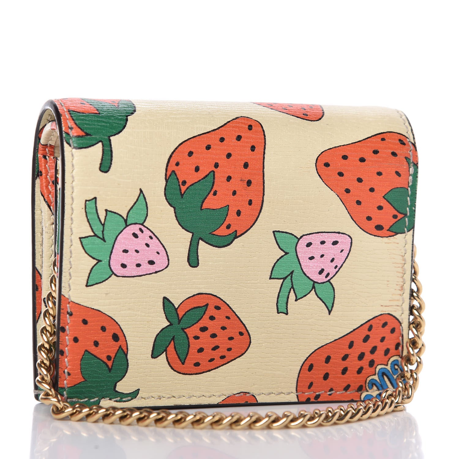 Gucci Calfskin Strawberry Print Zumi Chain Card Case Wallet Ivory Red 3 of 7
