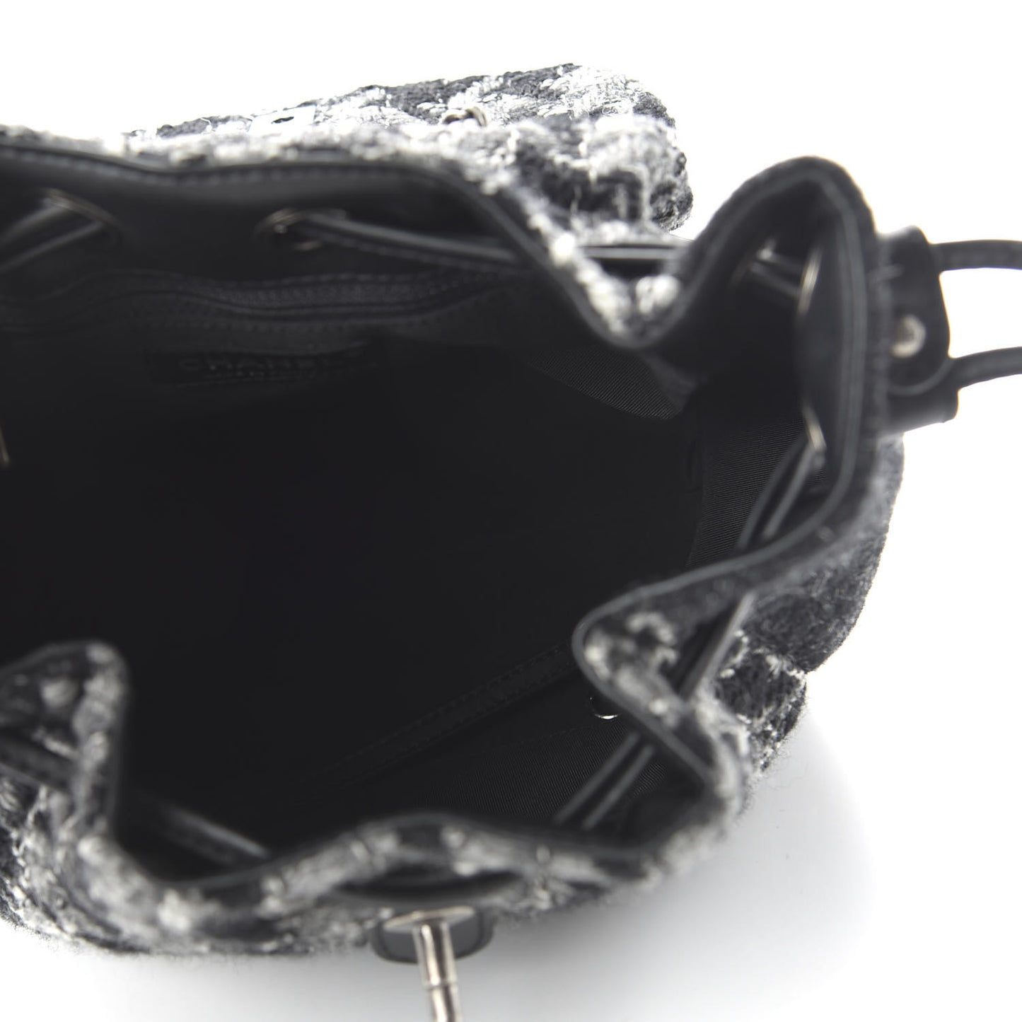 Tweed Drawstring Backpack Black Grey White