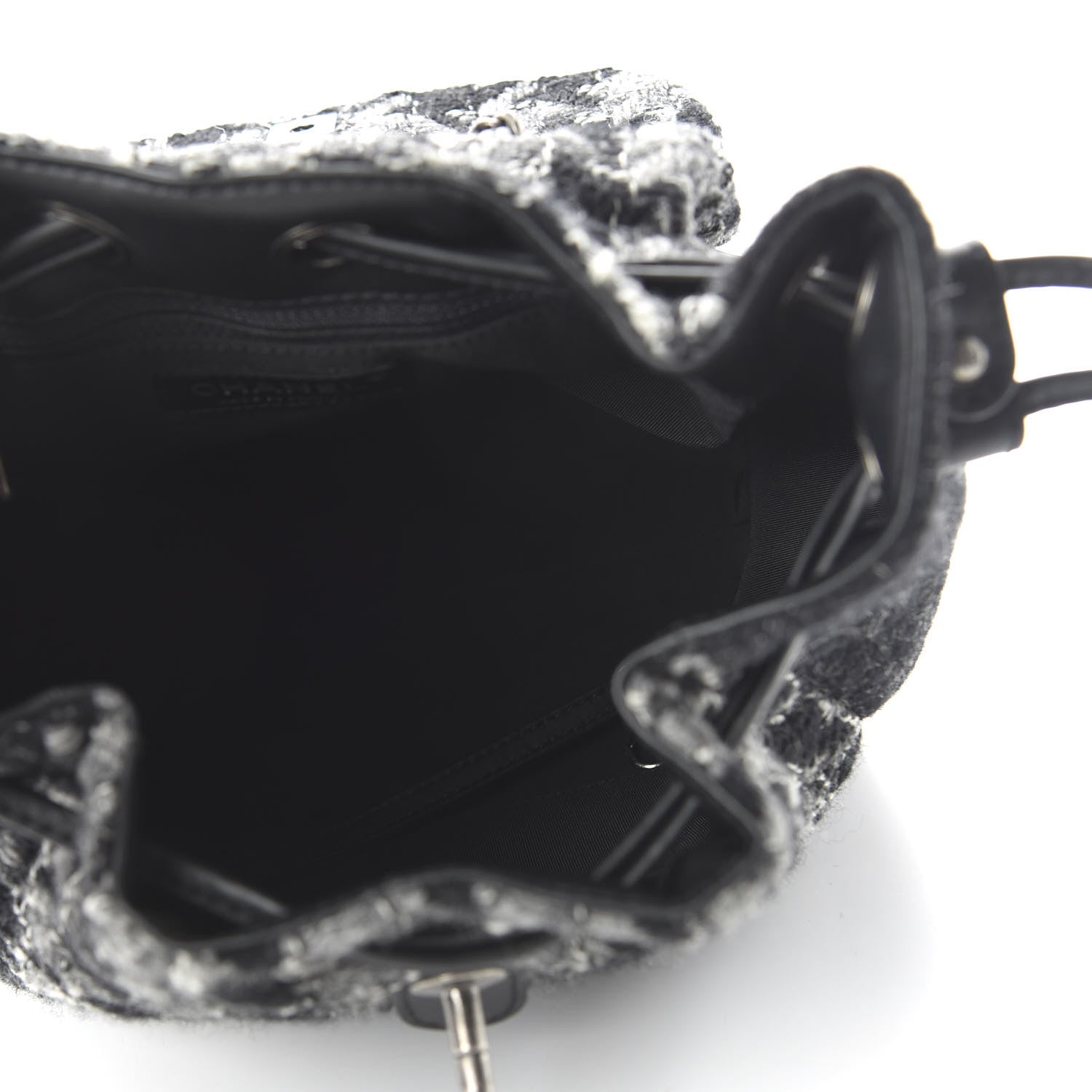 Chanel Tweed Drawstring Backpack Black Grey White 4 of 9