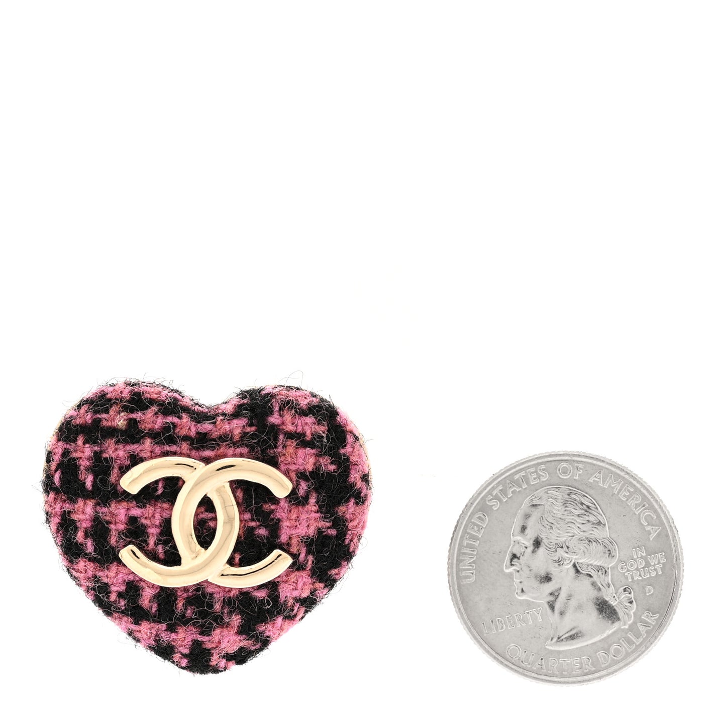 Tweed CC Heart Brooch Pink Black Gold