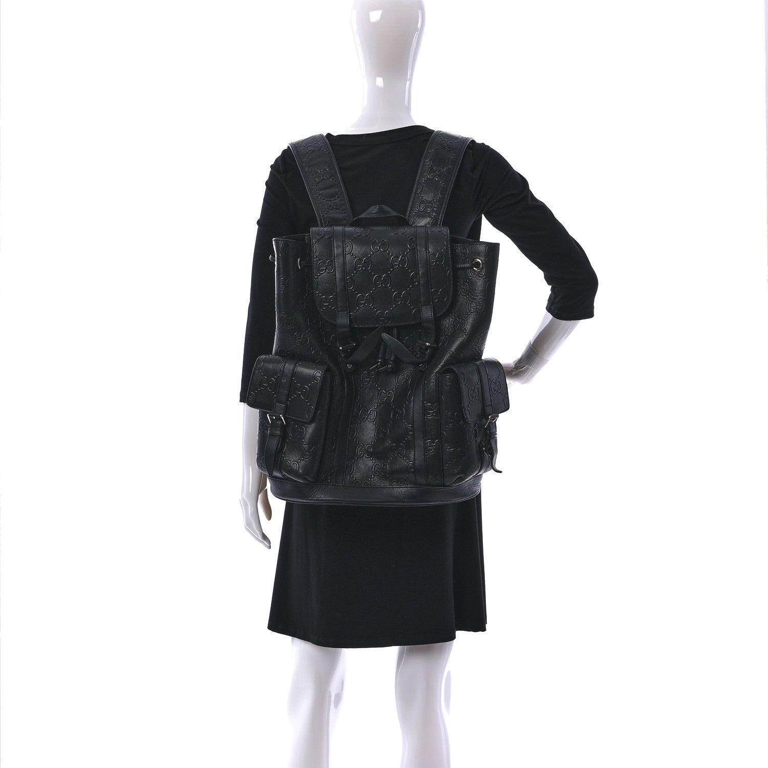 Gucci Calfskin GG Tennis Embossed Double Buckle Backpack Black 2 of 8