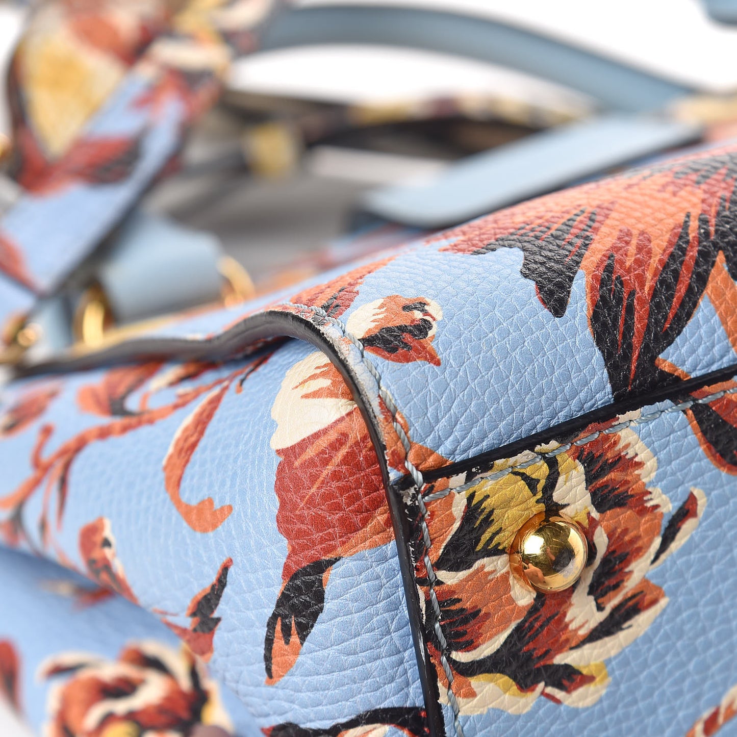 Soft Grain Calfskin Floral Print Small Buckle Tote Peony Rose Pale Blue Vibrant Orange