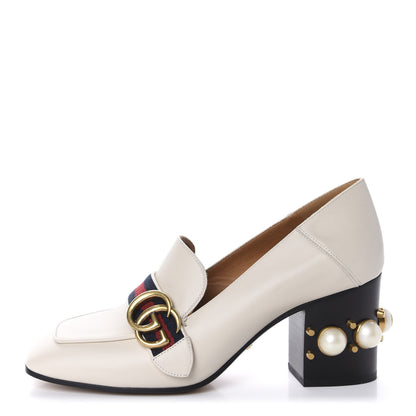 Gucci Betis Glamour Calfskin Web Pearl Embellished Peyton 75mm Loafer Pumps 37.5 Mystic White 1 of 10