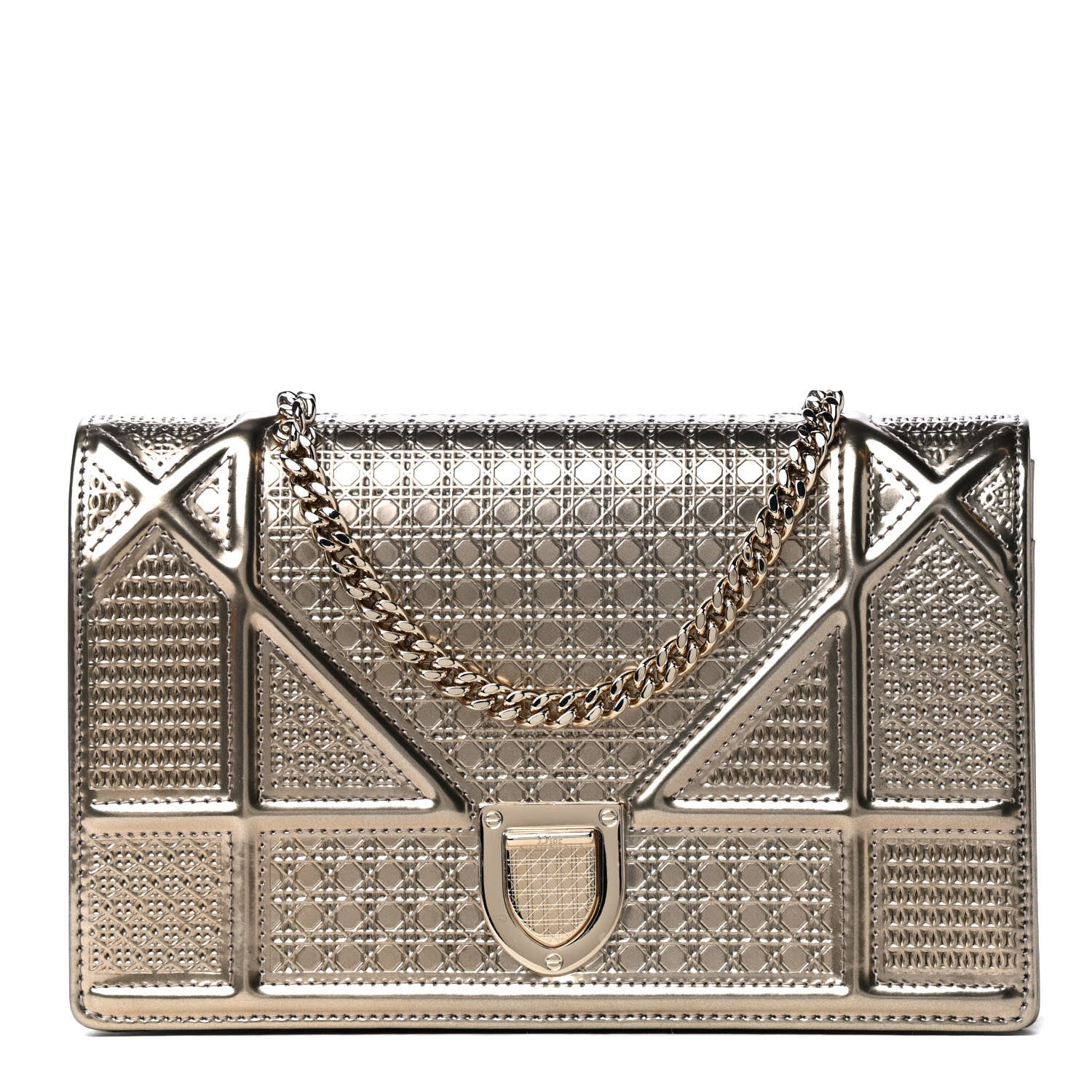 Christian Dior Metallic Patent Micro-Cannage Diorama Wallet on Chain Pouch Gold 1 of 4