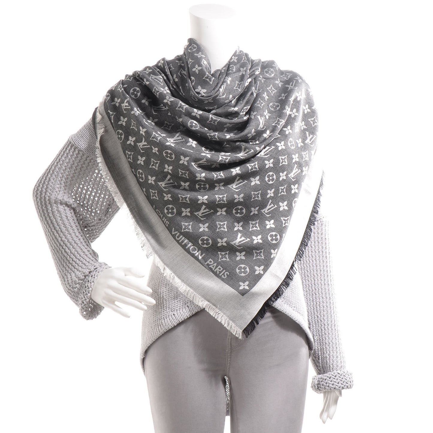 Silk Wool Monogram Denim Shawl Black