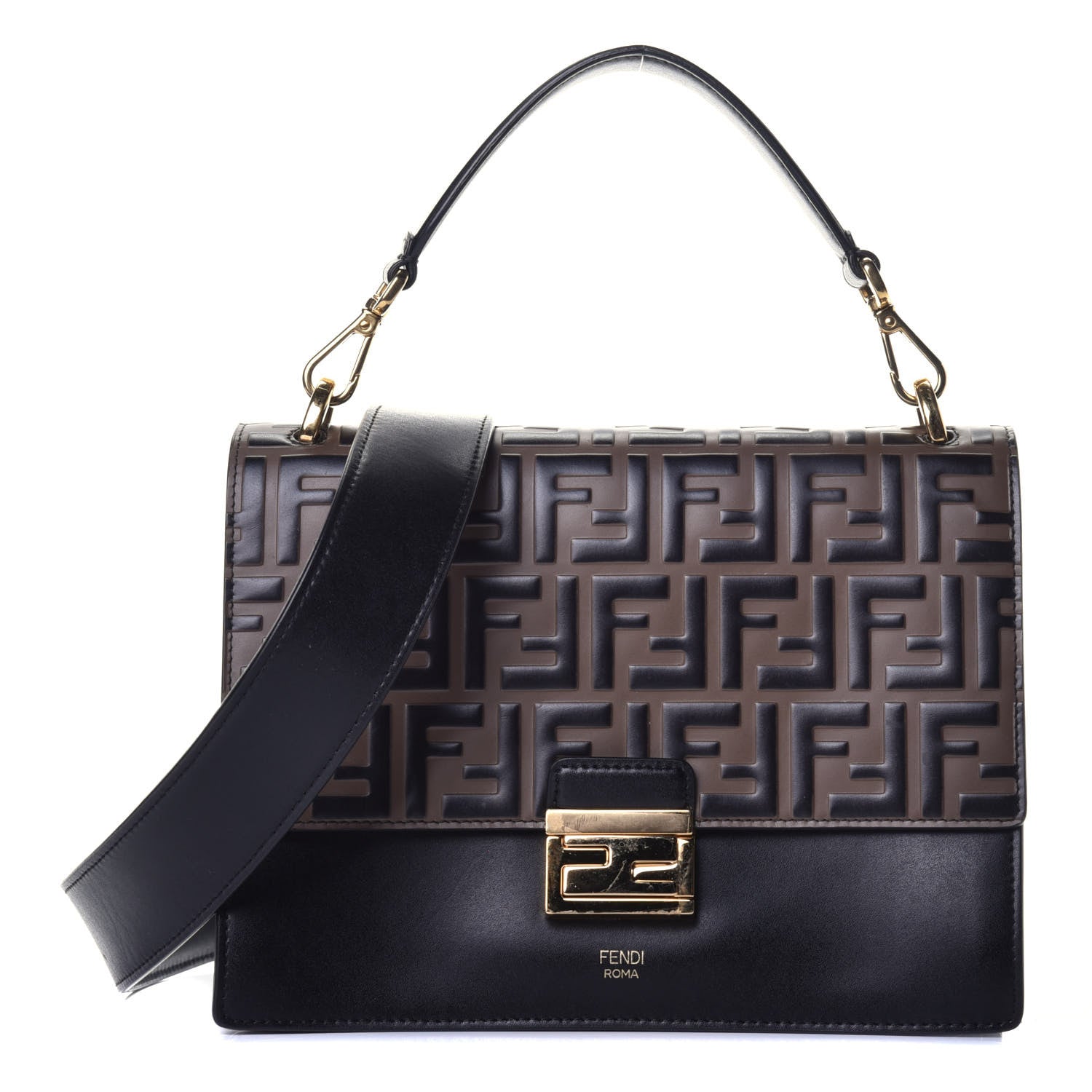 Fendi Vitello Liberty Bi-Color FF 1974 Embossed Kan U Shoulder Bag Black Maya 1 of 10