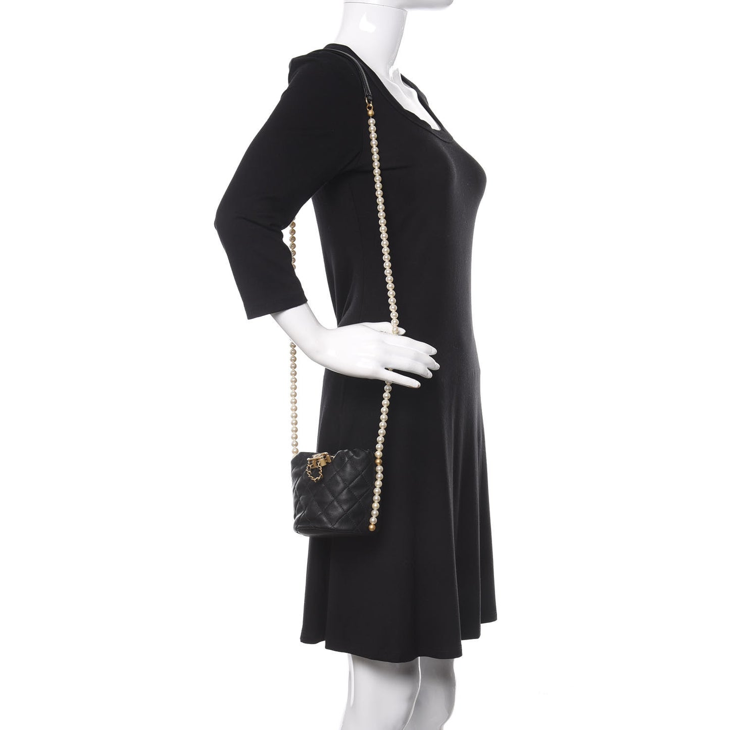 Calfskin Quilted Pearl Mini About Pearls Drawstring Bucket Bag Black