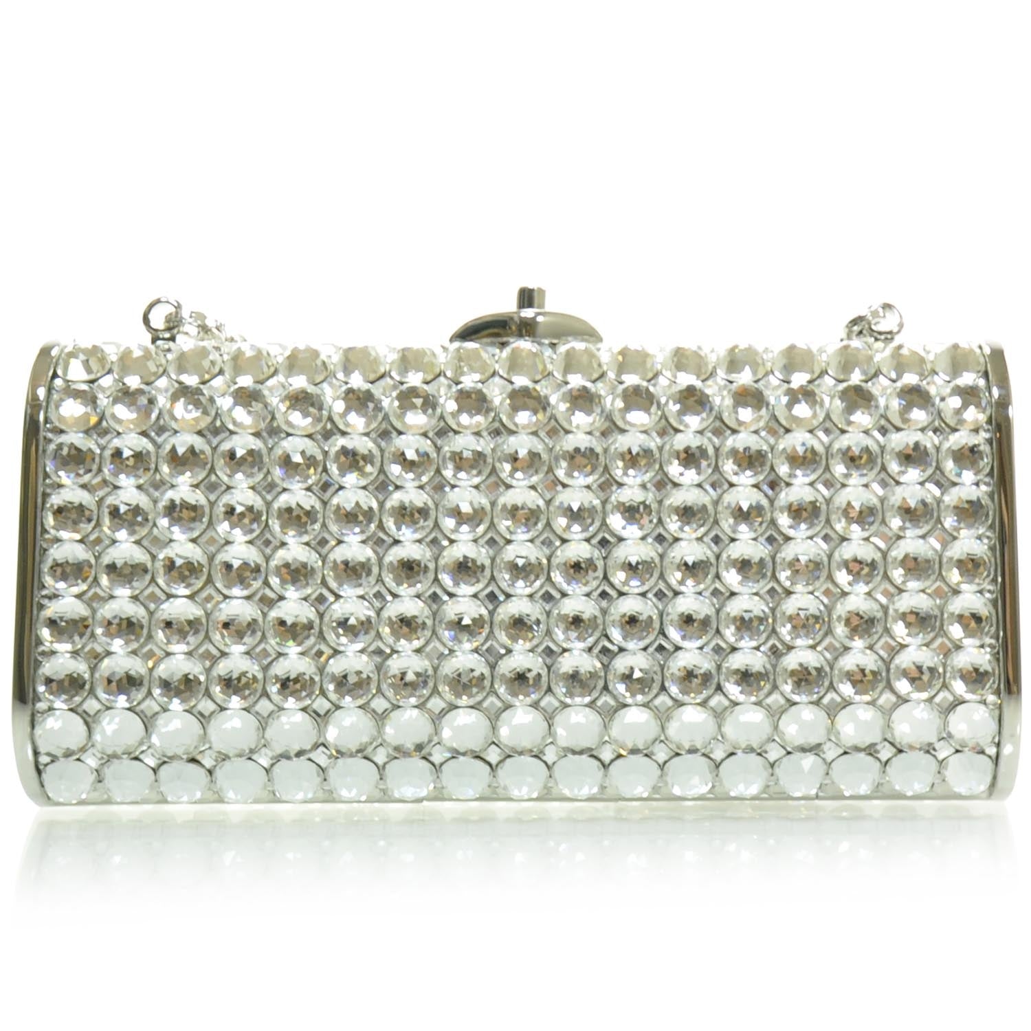 Judith Leiber Clear Austrian Crystal Studded Minaudiere Clutch Silver 1 of 8