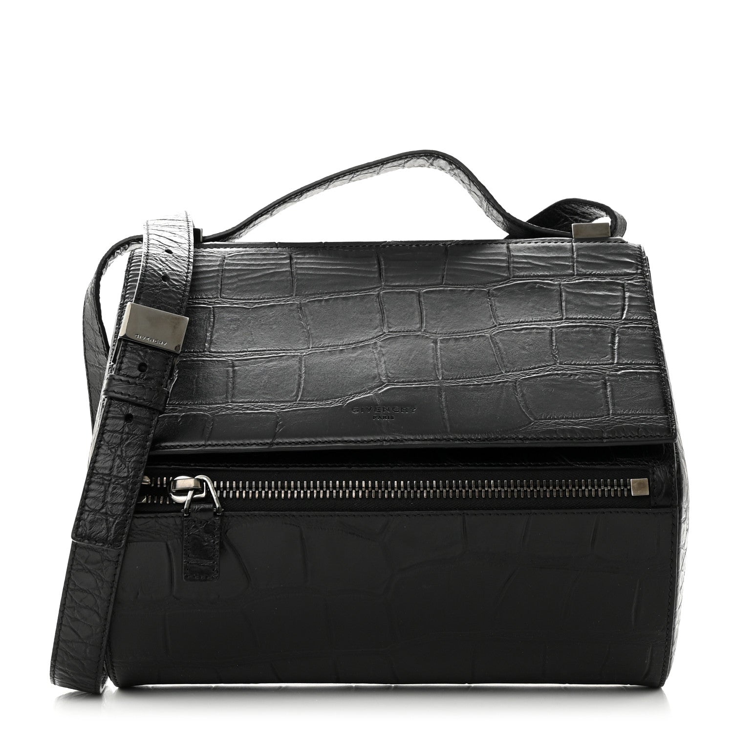 Givenchy Calfskin Crocodile Embossed Medium Pandora Box Crossbody Bag Black 1 of 10