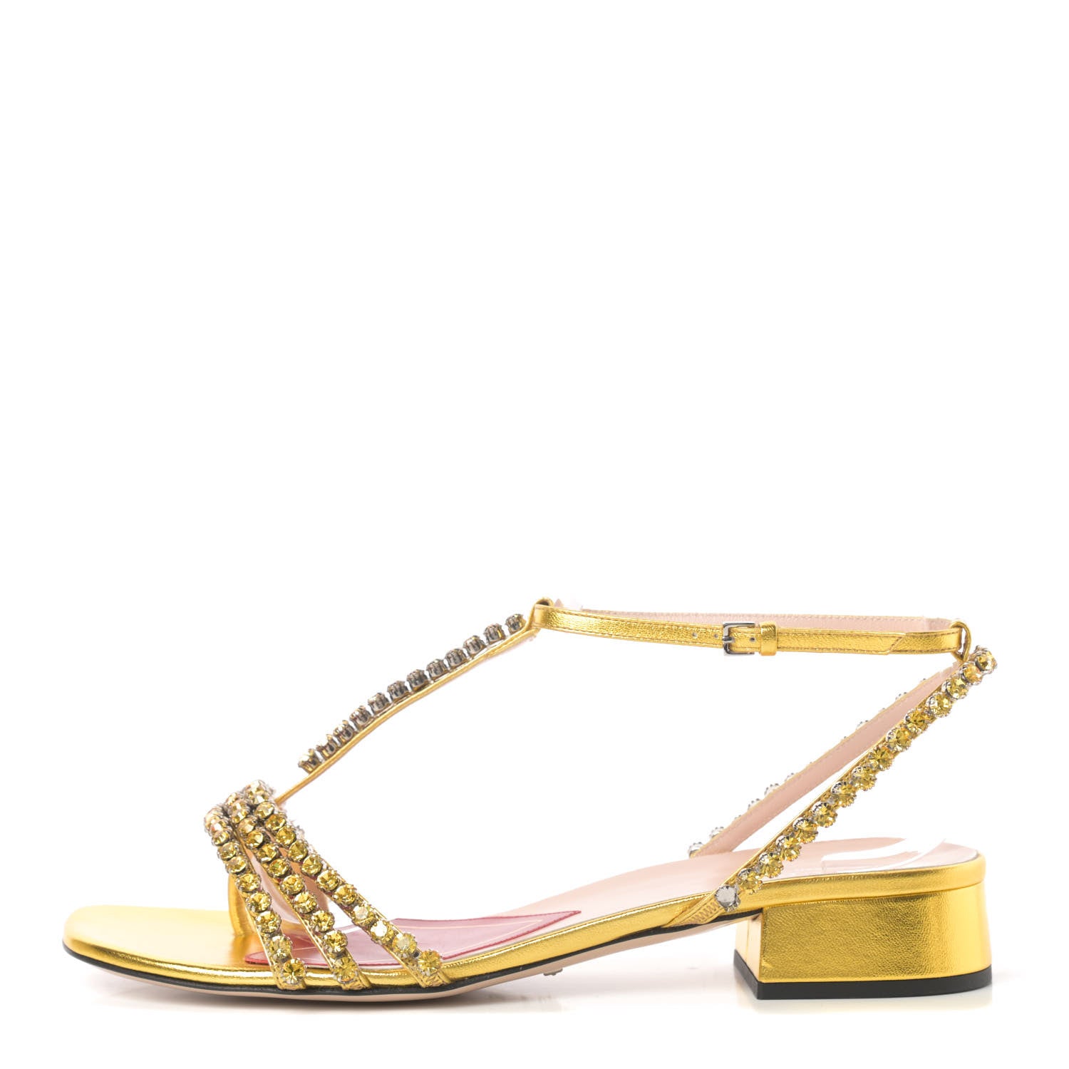 Gucci Nappa Silk Crystal Bertie T-Strap Low Heel Sandals 39 Gold 1 of 8