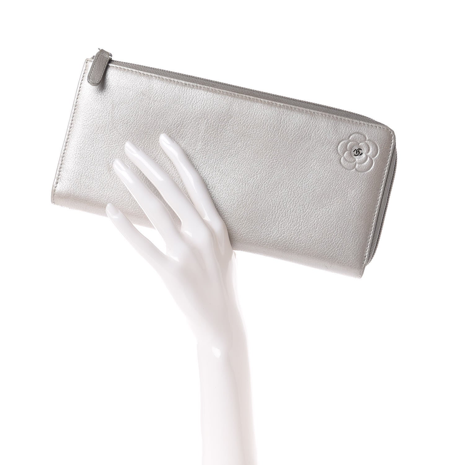 Chanel Goatskin Camellia Embossed Zip Around Wallet Silver 2 of 12