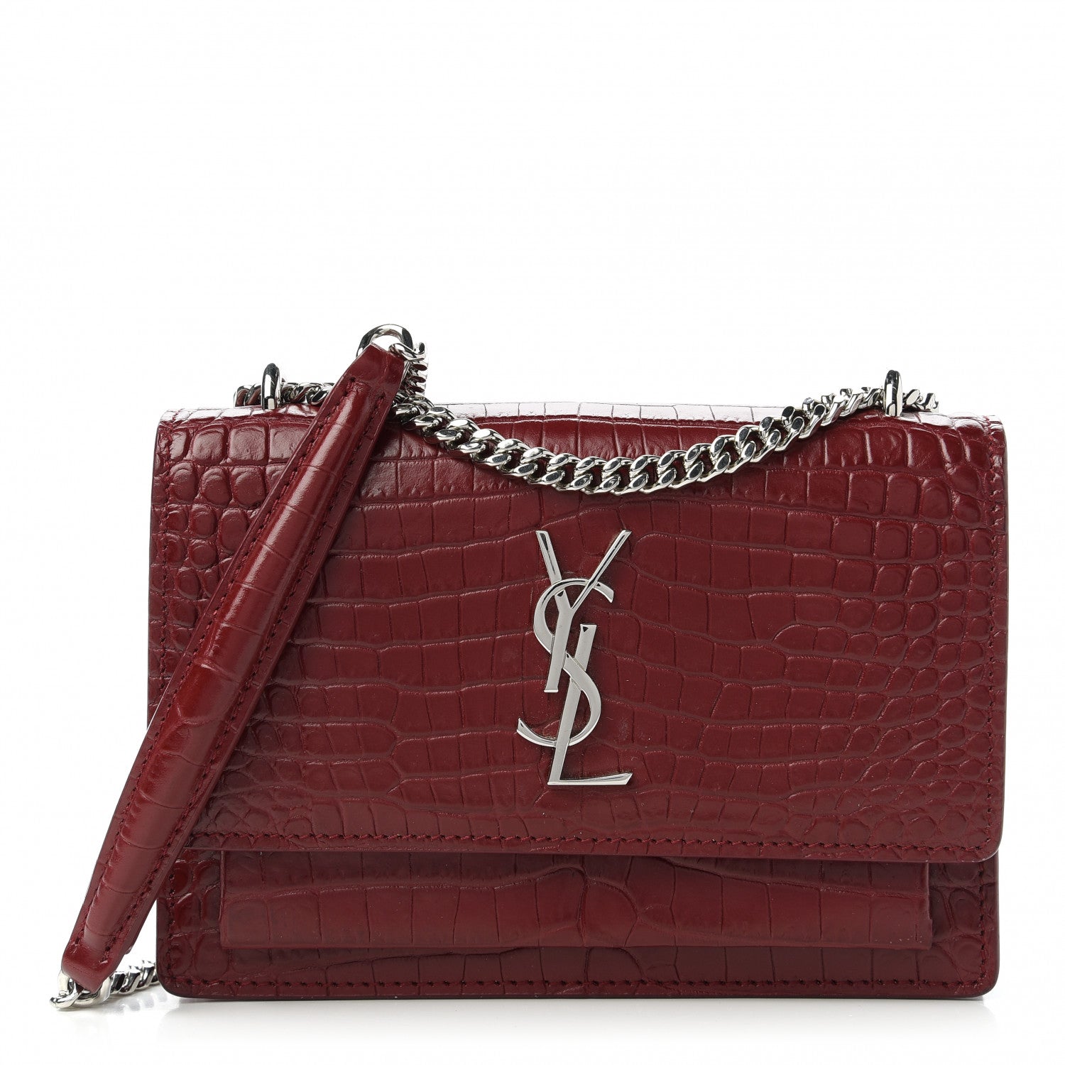 Saint Laurent Calfskin Crocodile Embossed Monogram Sunset Chain Wallet Palissandre 1 of 10