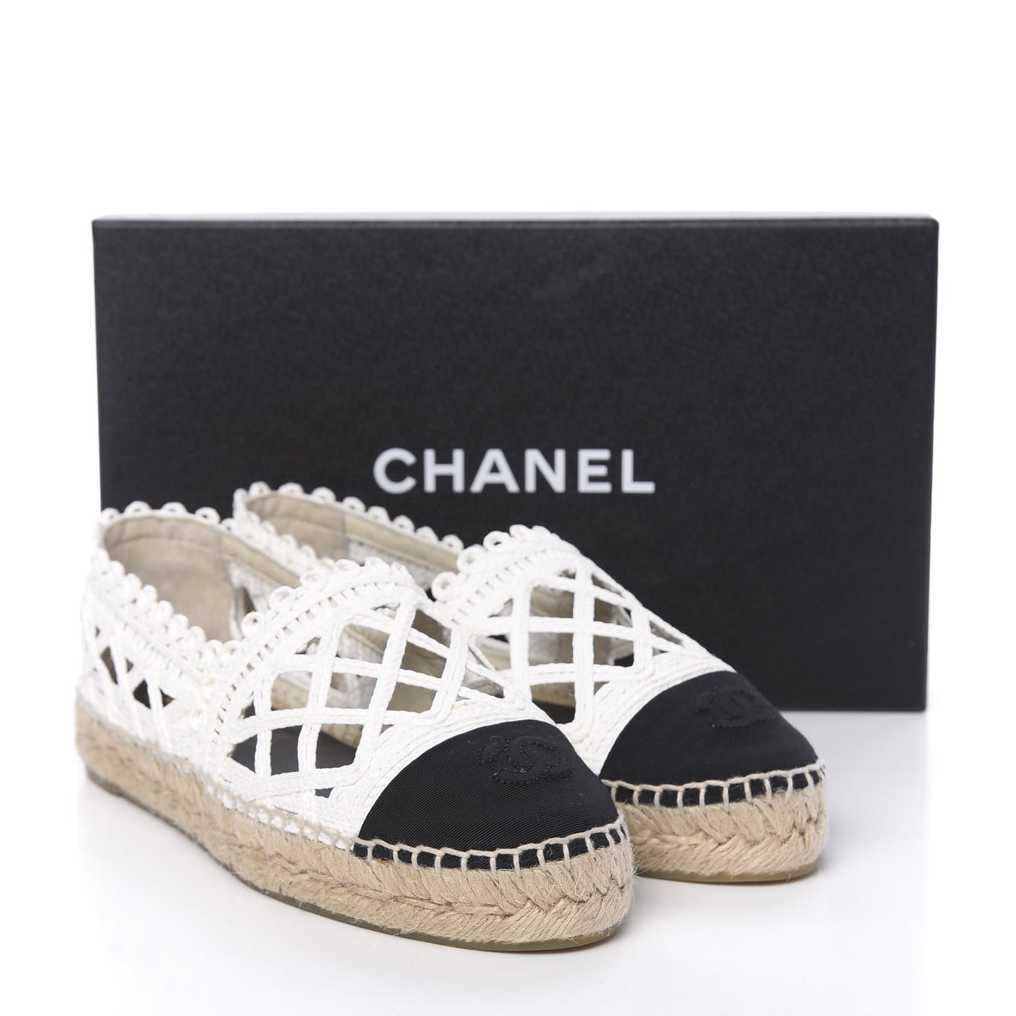 Woven Fabric Grosgrain CC Espadrilles 38 White Black