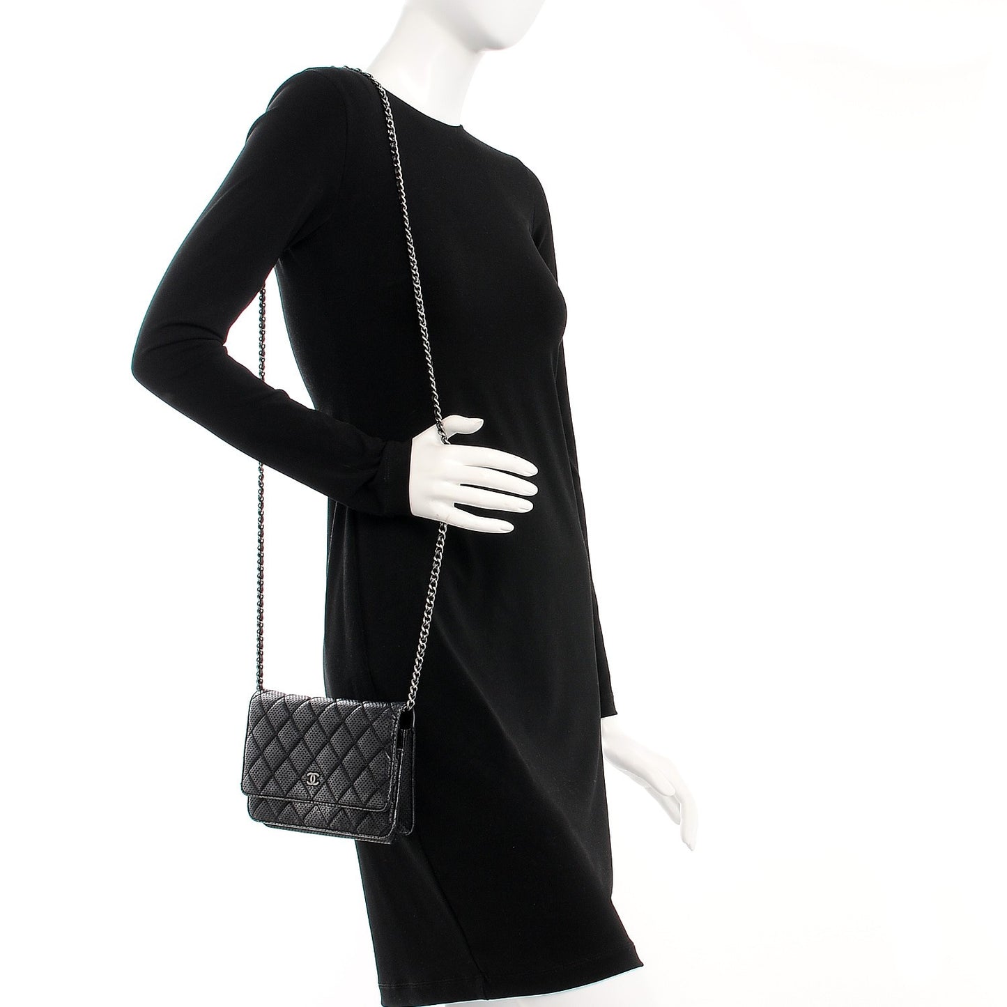 Metallic Perforated Lambskin Quilted Wallet On Chain WOC Black