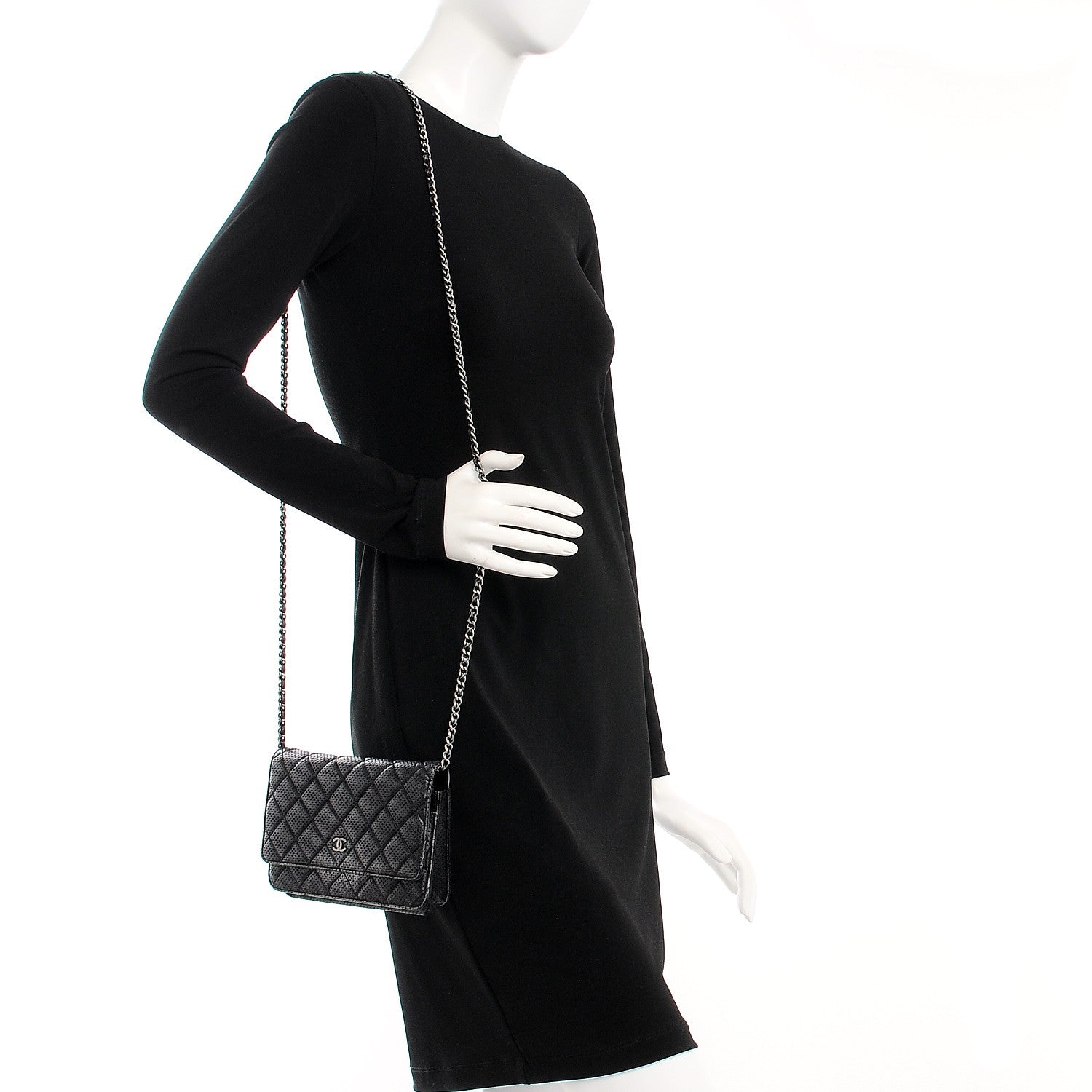 Chanel Metallic Perforated Lambskin Quilted Wallet On Chain WOC Black 2 of 10