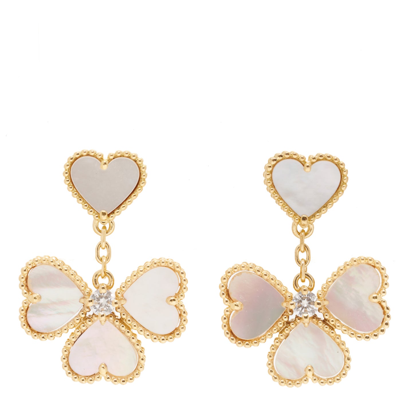 18K Yellow Gold Diamond Mother of Pearl Effeuillage Sweet Alhambra Heart Earrings