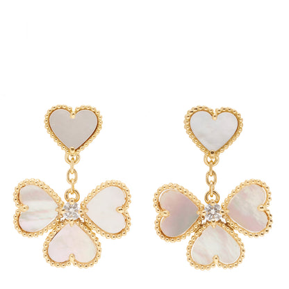 Van Cleef & Arpels 18K Yellow Gold Diamond Mother of Pearl Effeuillage Sweet Alhambra Heart Earrings 1 of 5
