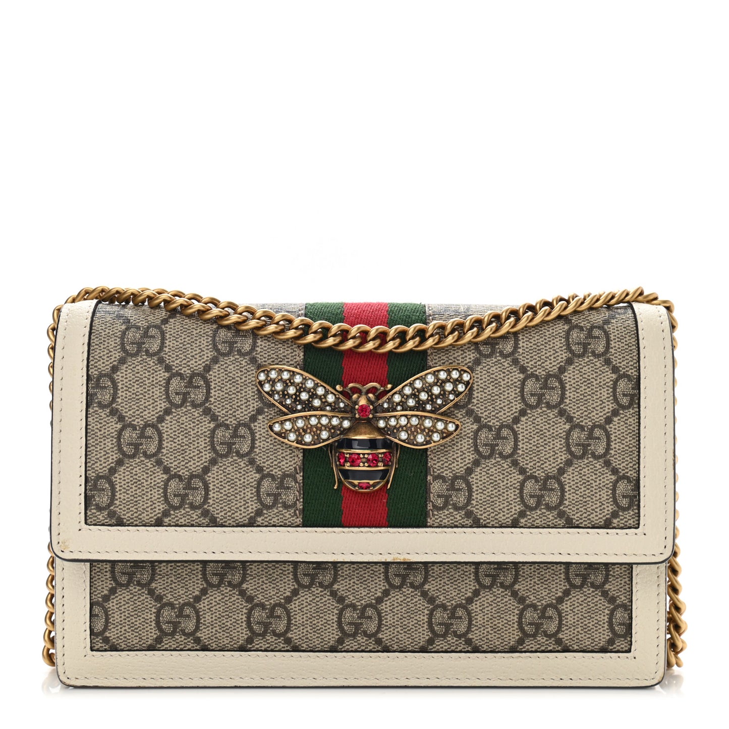 GG Supreme Monogram Web Queen Margaret Chain Wallet White