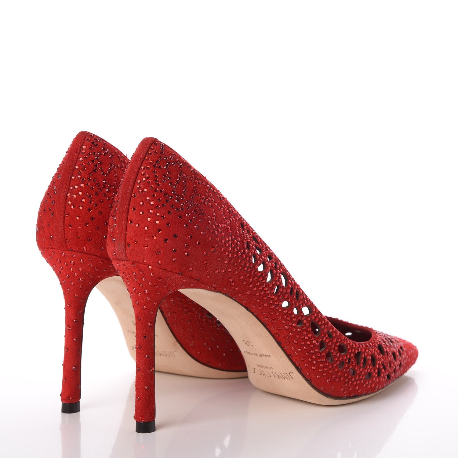 Jimmy Choo Suede Crystal Perforated Romy 100 Pumps 38 Red 4 of 17