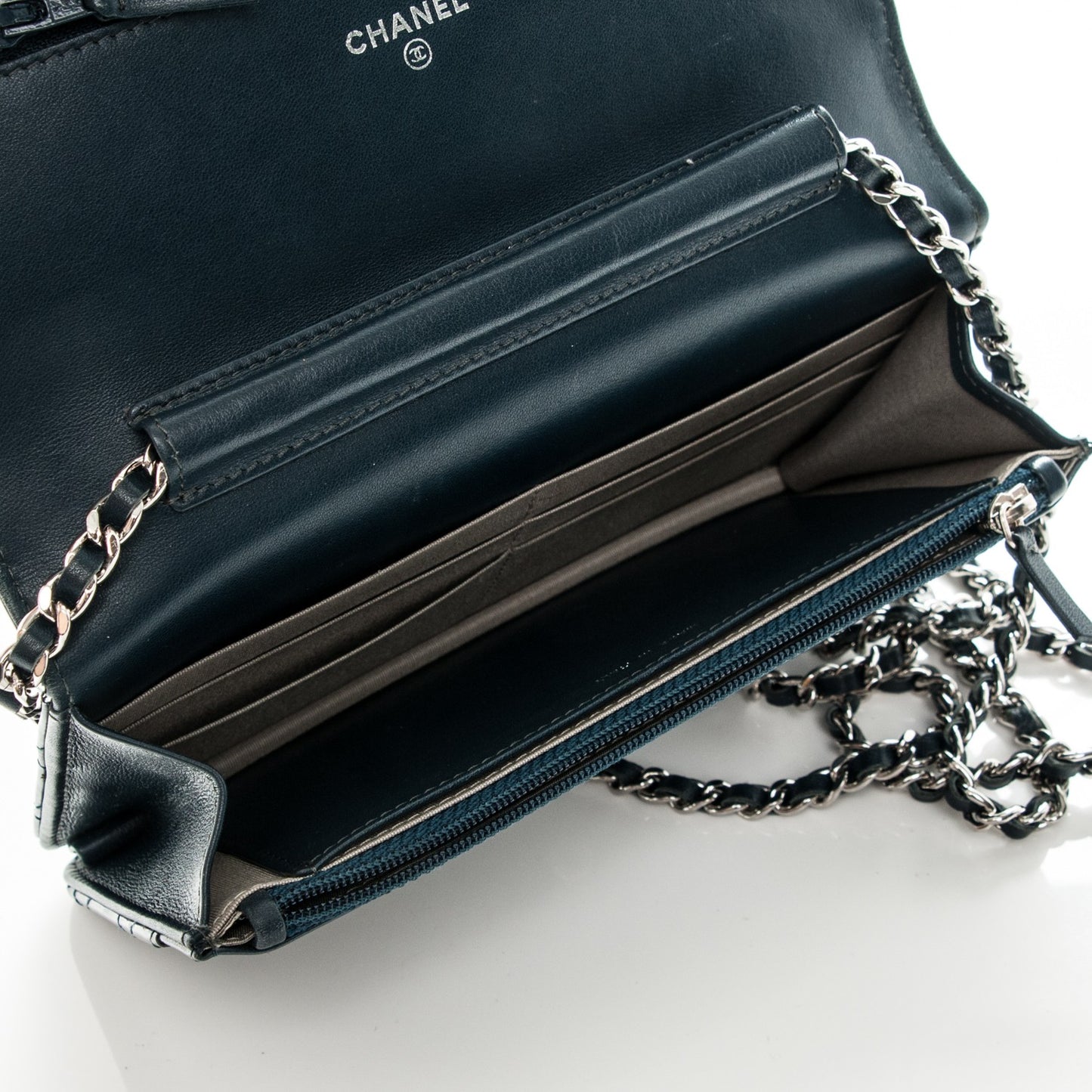 Patent Quilted Brilliant Wallet On Chain WOC Dark Blue